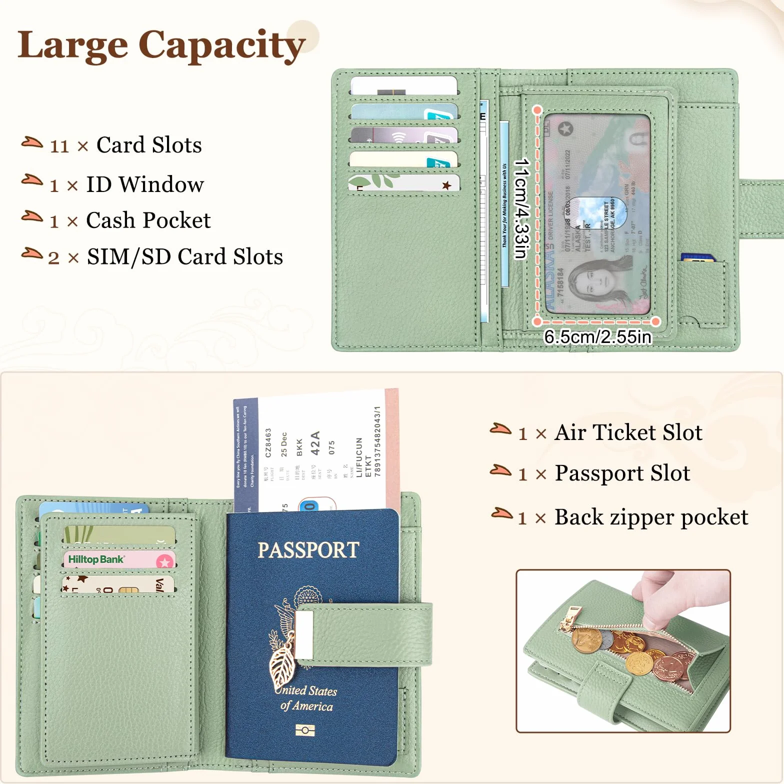 Portefeuille Femme RFID Blocage Passeport 11 Fentes Cartes Fermeture éclair