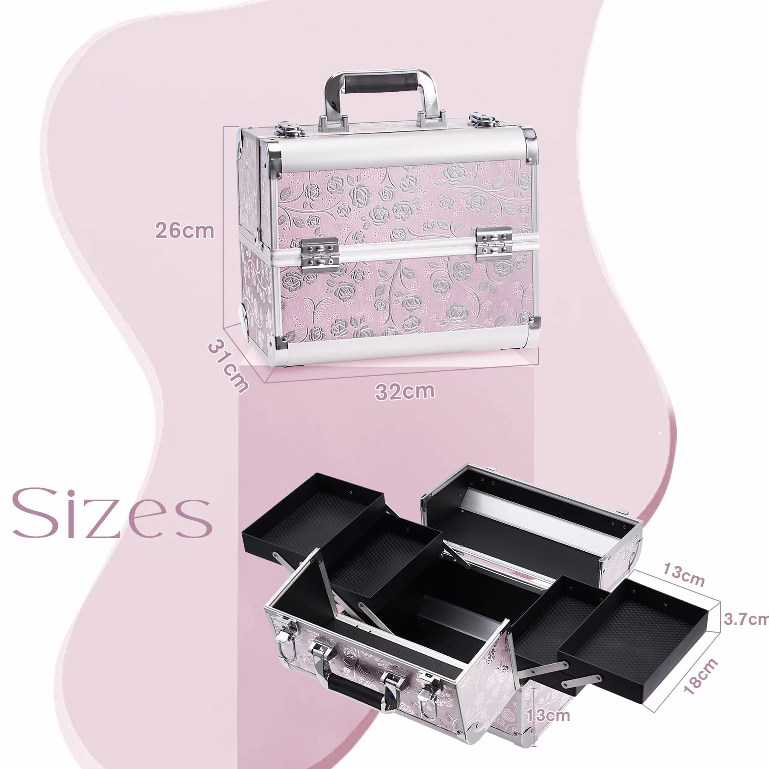 Malette Maquillage Aluminium Vanity Professionnelle Rangement Cosmétiques Coiffure Manucure Rose