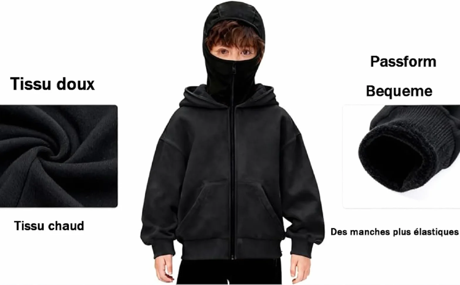 Veste Cagoule à Capuche Intégrée Unisexe pour Enfants Garçons Filles Balaclava Sweats Chaud Hiver