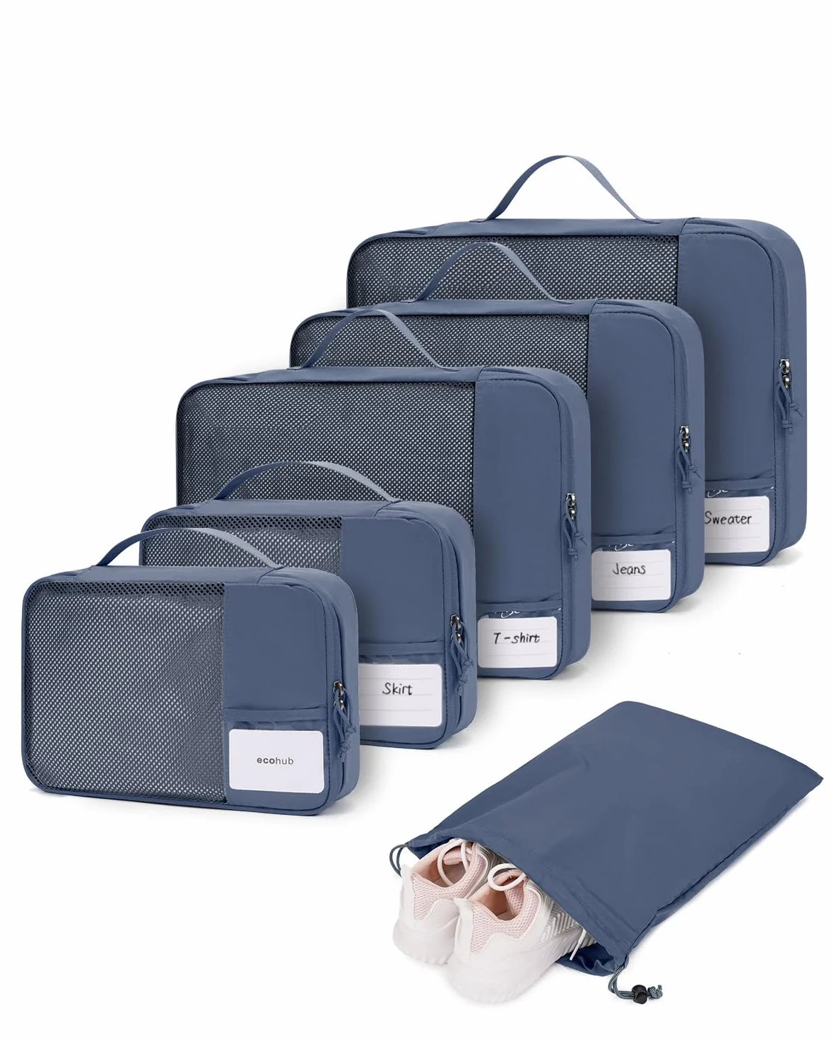 ECOHUB Organisateur Valise Packing Cubes 6 Pièces Sac Rangement avec Étiquette DIY, Bleu