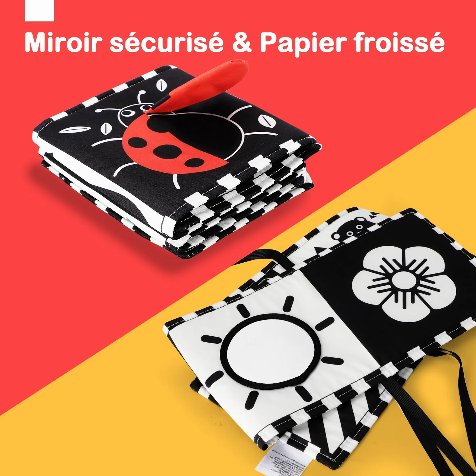 Livre Tissu Bébé Noir et Blanc Montessori Haute Contraste Sensoriel 0-3-6-12 Mois Jouet Eveil