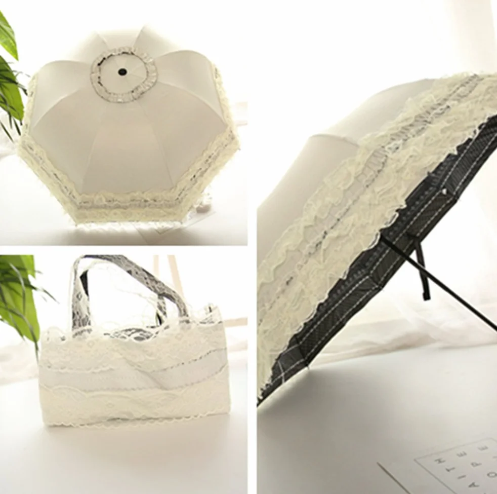Parapluie Pliant Femme Anti-UV Dentelle Ombrelle Parasol Pluie été