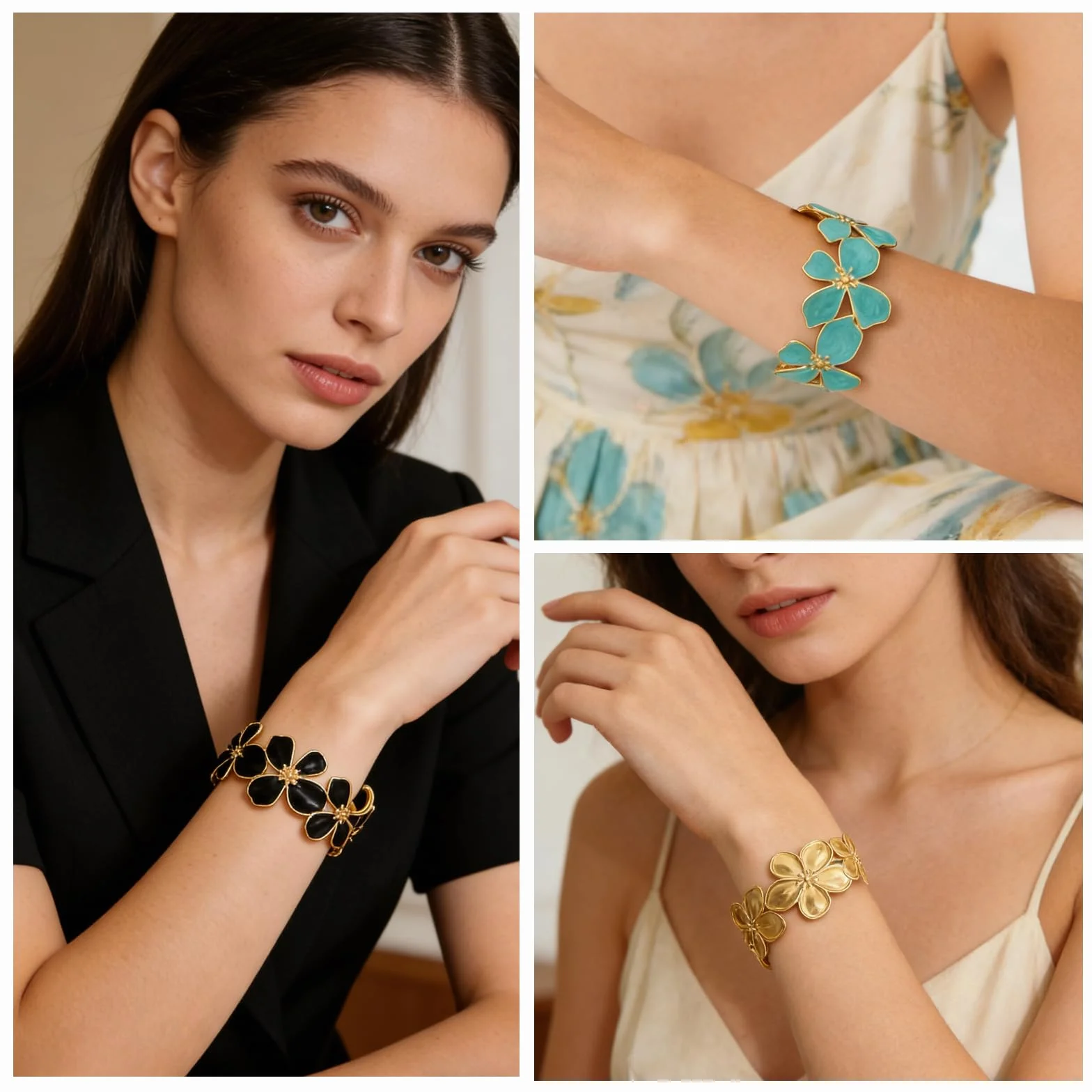 Bracelet Fleurs Femme Dorées, Acier Inoxydable Parure Bijoux Ouvert