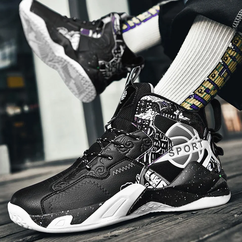Hixingo Chaussure de Basketball Hommes Hautes Sneakers Baskets Mode Style Graffiti 36-45 EU
