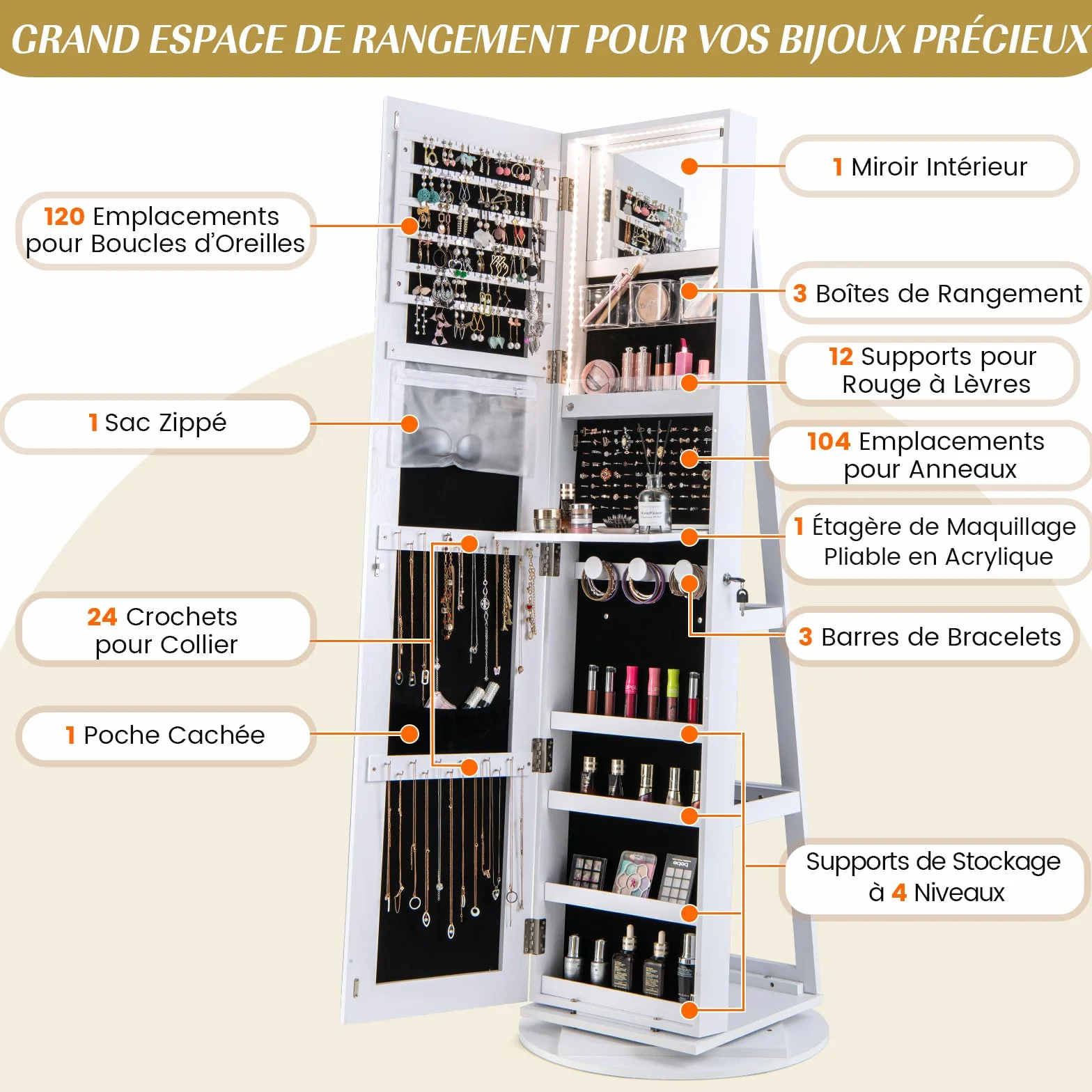 GOPLUS Armoire à Bijoux avec Miroir sur Pied, Rotative 360° Lumière LED 3 Couleurs, Verrouillable, Blanc