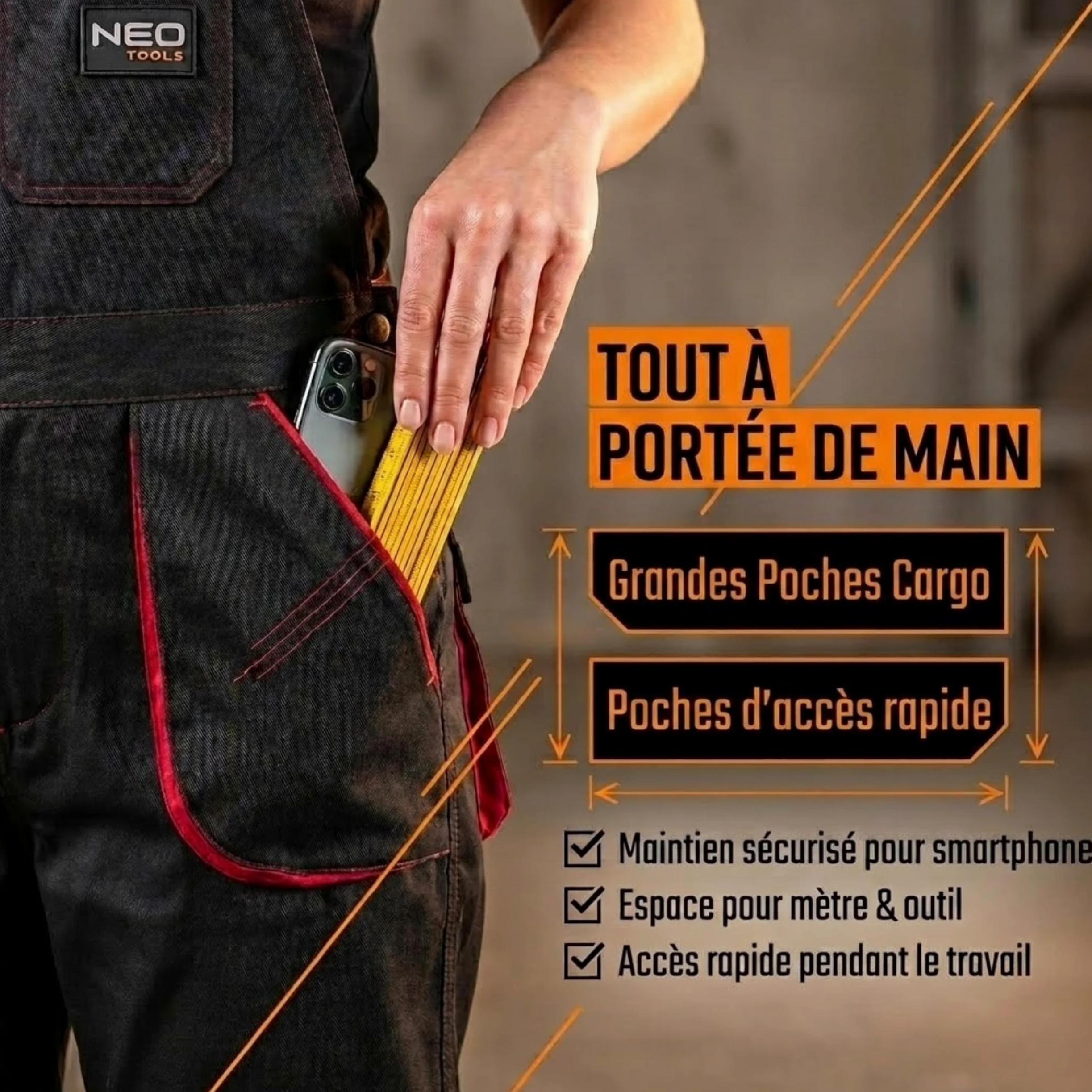 NEO TOOLS Salopette de travail pour femme Line Taille S à XXL Tissu en coton polyester Bretelles élastiques Poches ISO 13688:2014