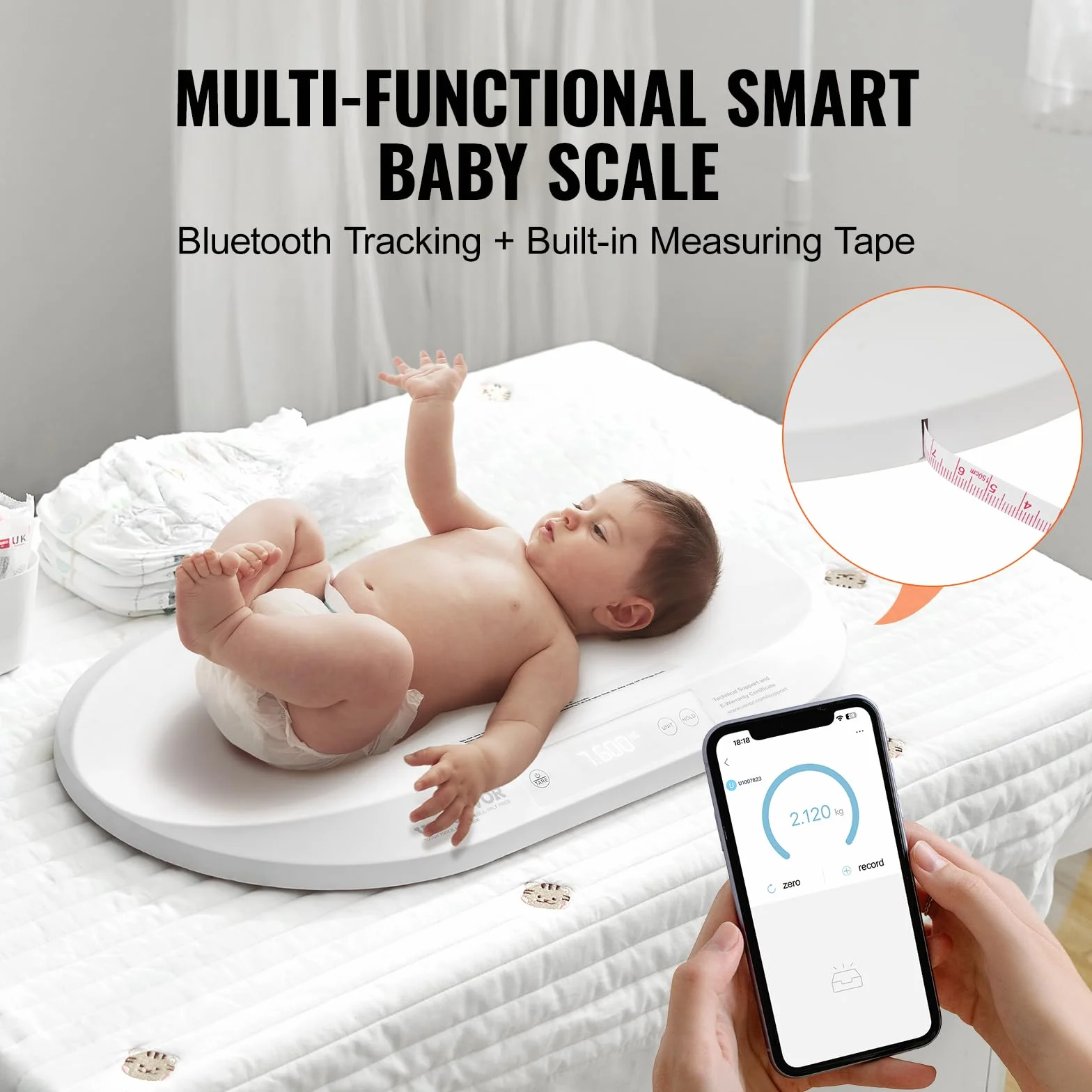 VEVOR Pèse-bébé Numérique Bluetooth, Ruban à Mesure Intégré, Fonction Maintien et Tare, 40 kg, 5 Unités