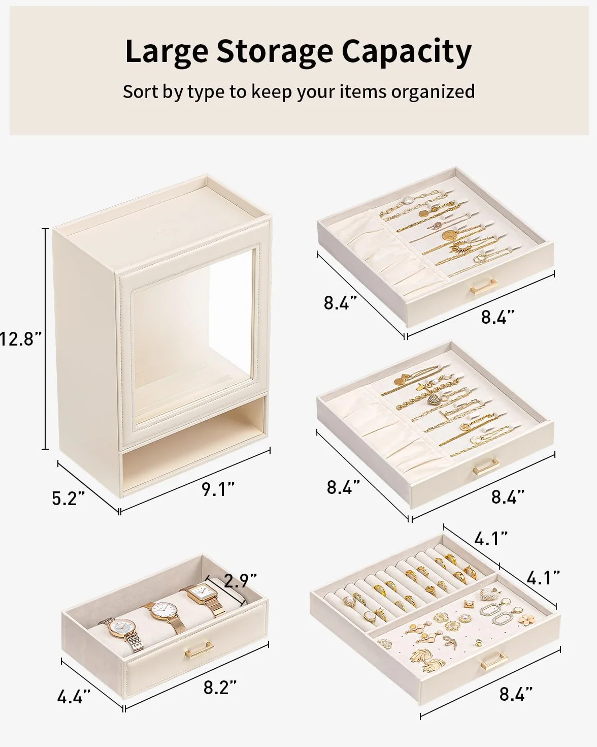 VALNDO Armoire à bijoux 5 niveaux avec couvercle en verre, tiroirs latéraux, organisateur vertical beige-rose