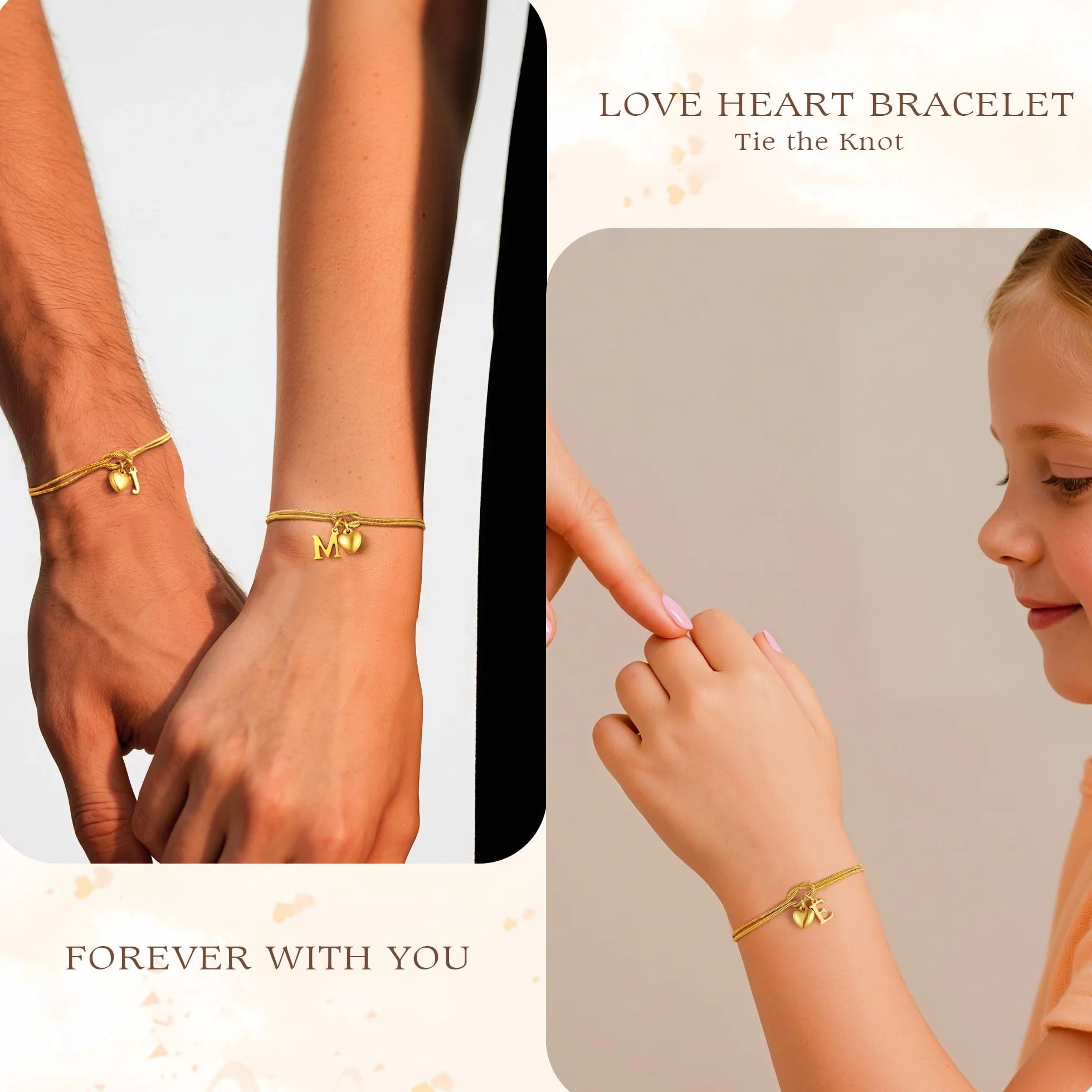 Bracelet en or pour femme et fille - Bracelet à nœuds plaqué or 18 carats lettres personnalisées cœur - Cadeau femme