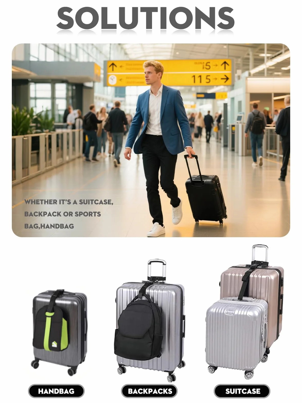 Sangles de Voyage pour Relier 3 Valises, 2 Pièces Noires, 3,2 cm, Accessoires de Sac Réglables avec Boucles