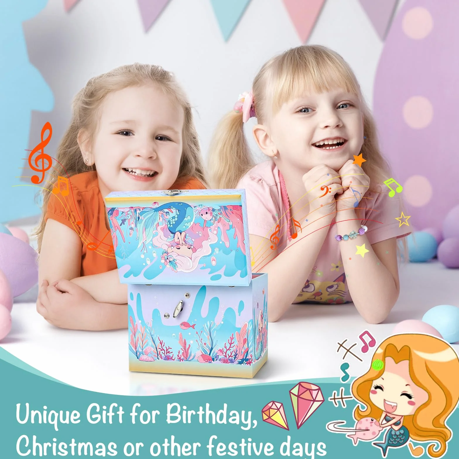 Boîte à Bijoux Musicale Ballerine 2 Tiroirs Sirène Bleue Cadeau Enfants 3-10 Ans