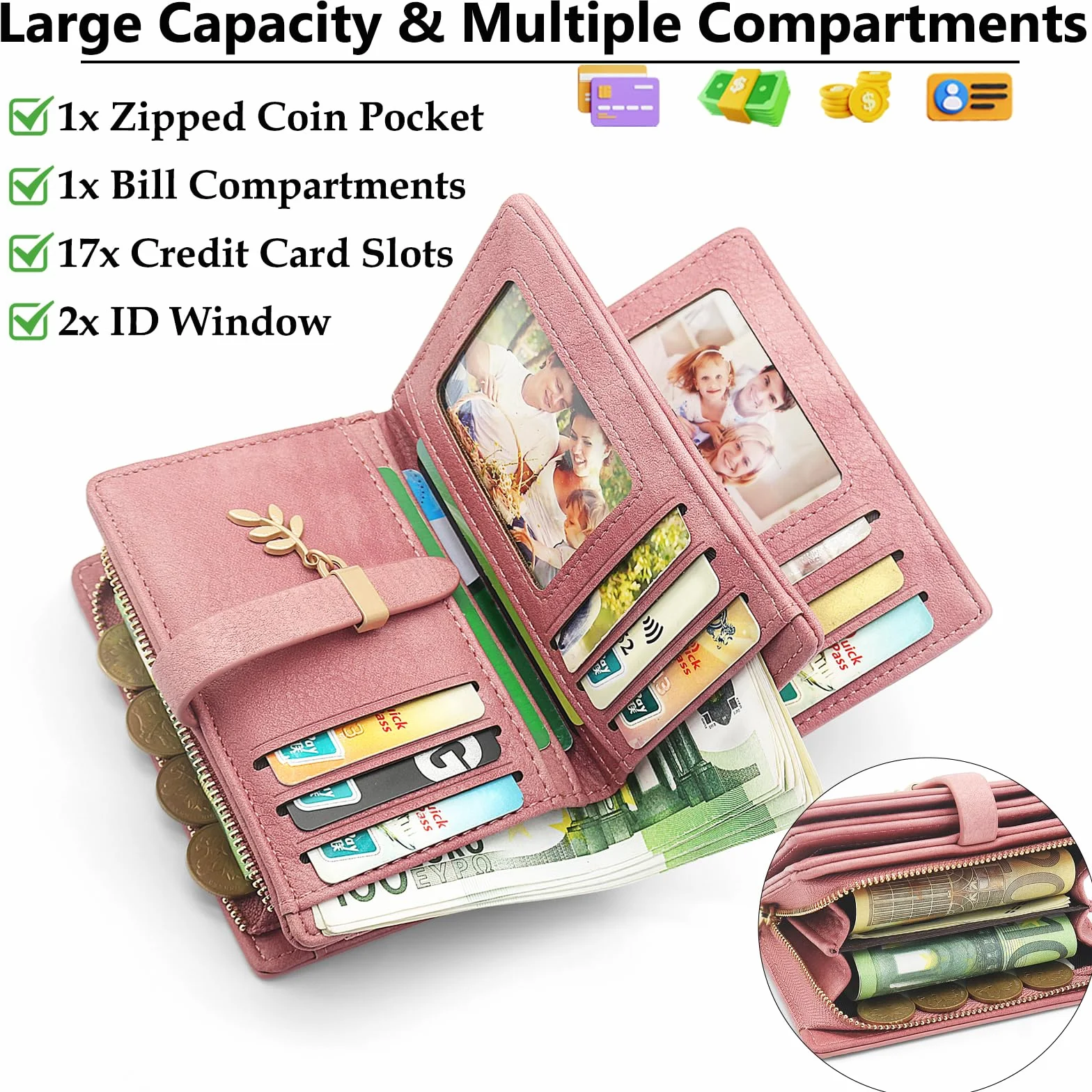 HNOOM Portefeuille Femme Cuir PU Vintage Blocage RFID Porte Carte 19 Emplacements Poche Monnaie Rose