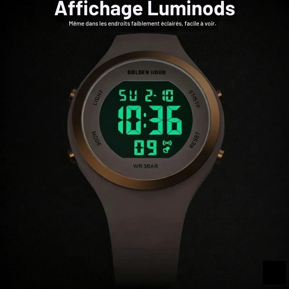 GOLDEN HOUR Montre Digitale Femme Étanche 5 ATM Chronographe Sport Silicone
