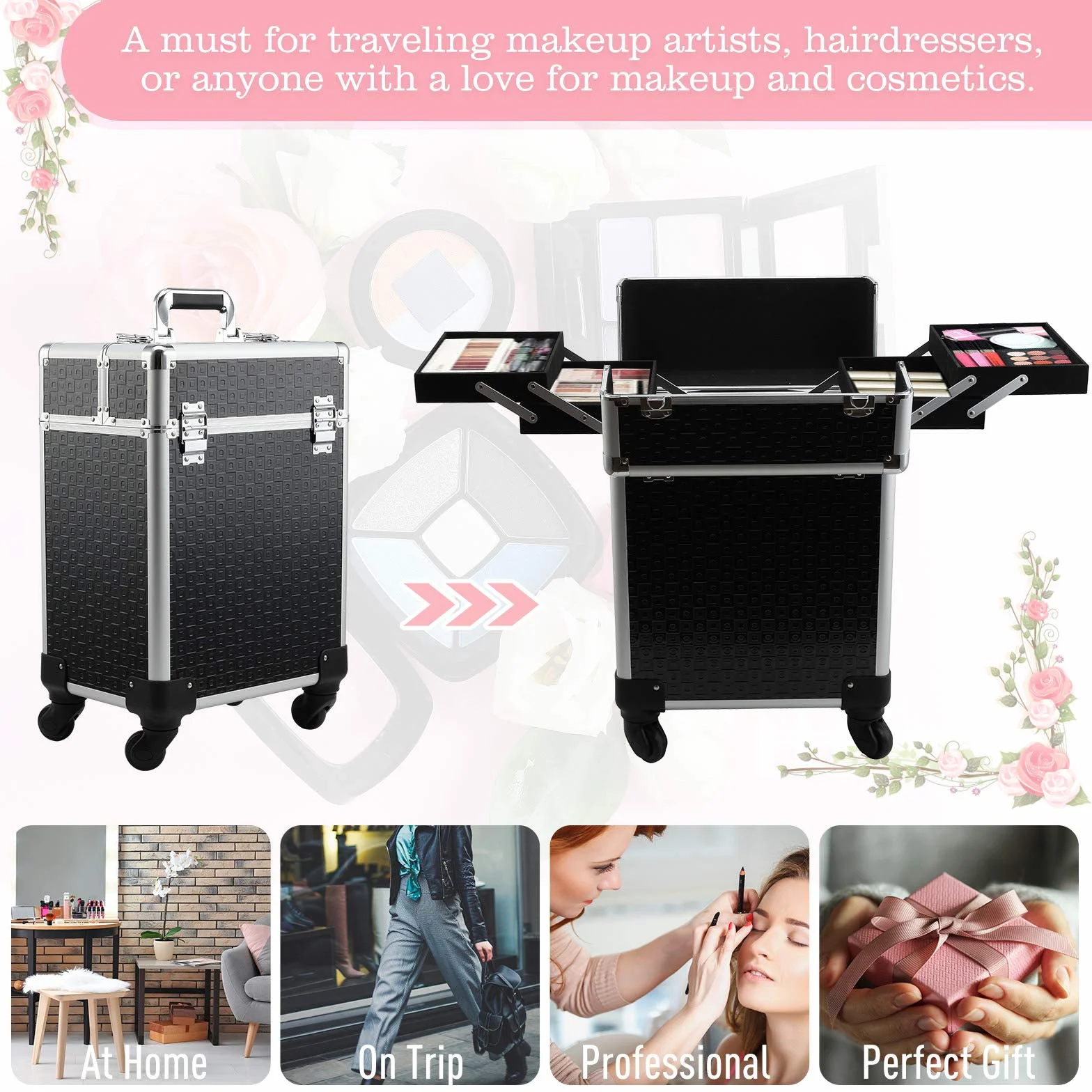 HOMCOM Valise Trolley Maquillage Mallette cosmétique Vanité 34x24x52 cm Aluminium Noir