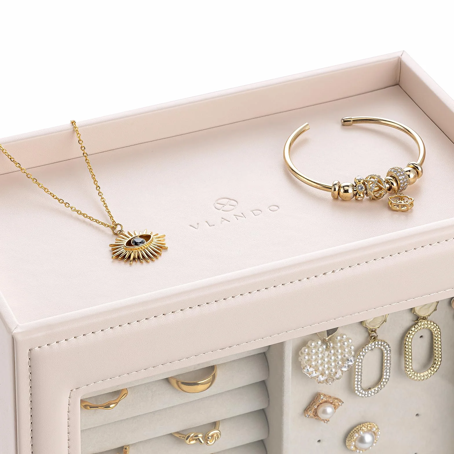 VALNDO Armoire à bijoux 5 niveaux avec couvercle en verre, tiroirs latéraux, organisateur vertical beige-rose