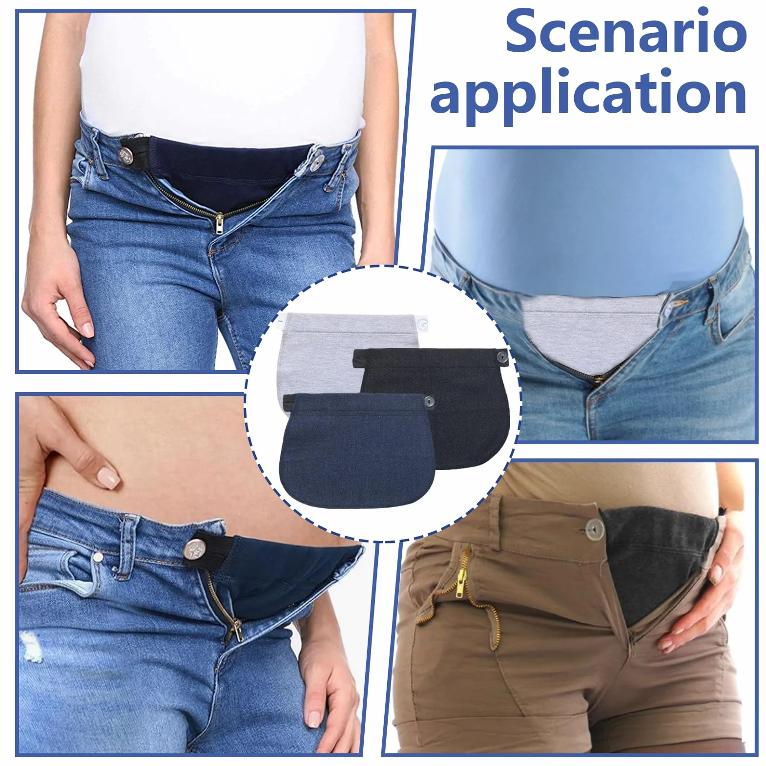 Extension Pantalon Grossesse 3 Pièces Élargisseur de Ceinture Réglable Confort Boucle Élastique Taille Extender (Bleu Foncé, Noir, Gris)