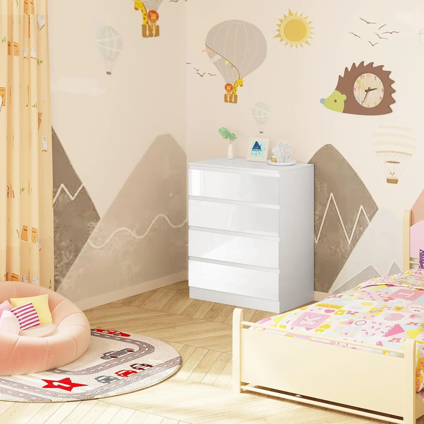 WOLTU Table à Langer Commode 4 Tiroirs Meuble Bébé Bois d'Ingénierie Blanc Brillant 80x75x109,2cm