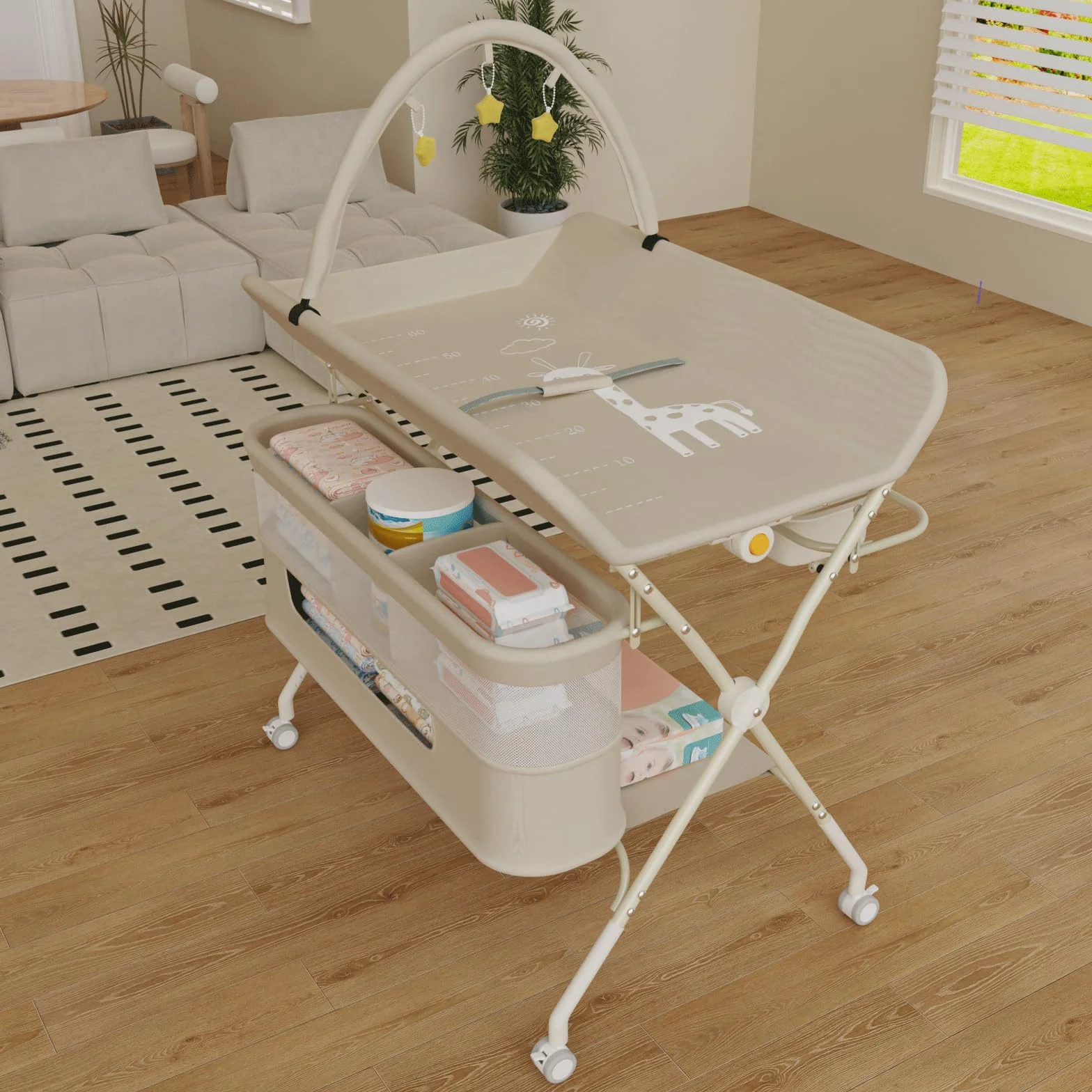 Table à Langer avec Roulettes Panier Rangement Structure Fer Charge Max 25kg 75x68x83-91cm Blanc Crème