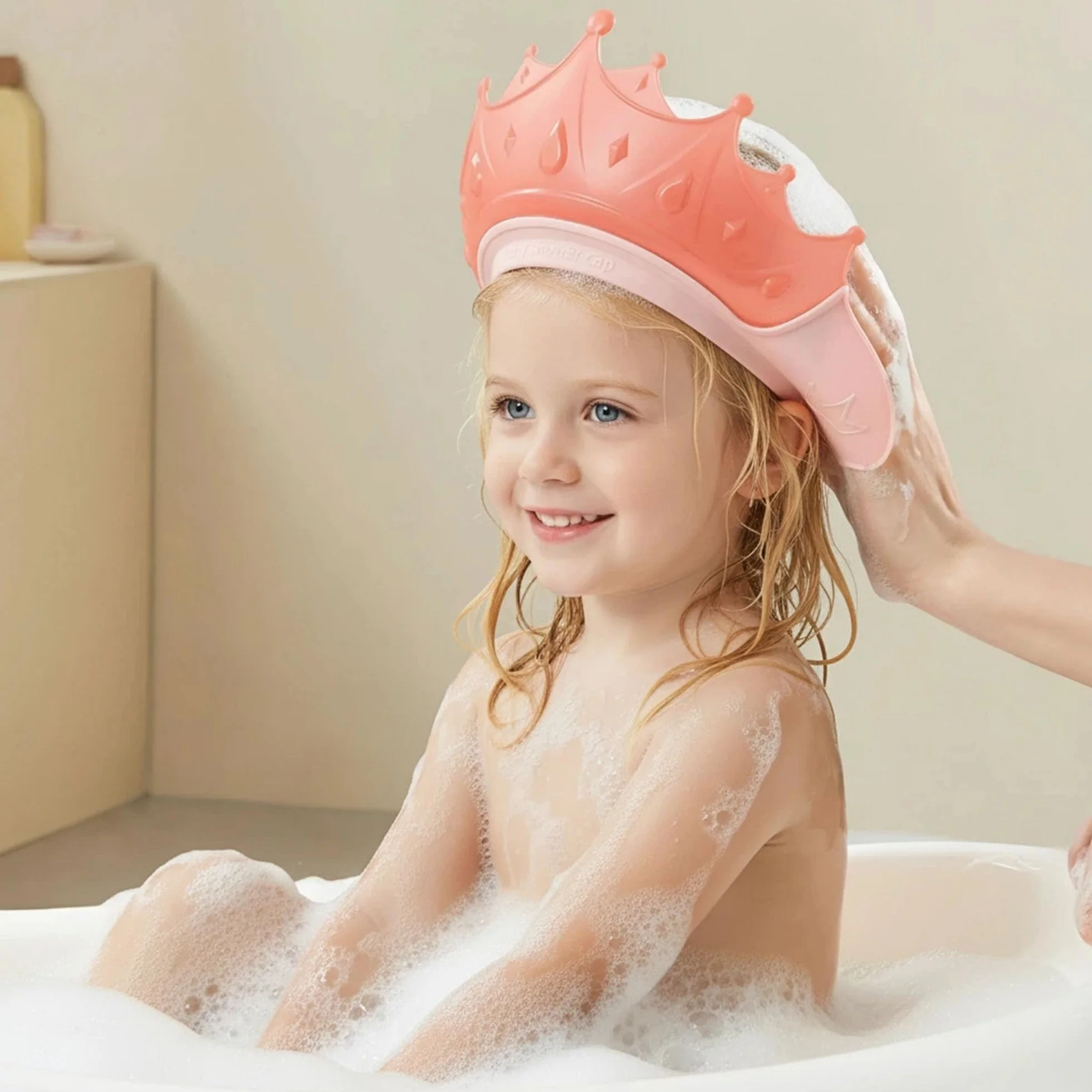 Visière Bain Bébé Chapeau Douche Enfant Ajustable en Silicone Casquette Douche 1-9 Ans Couronne Rose