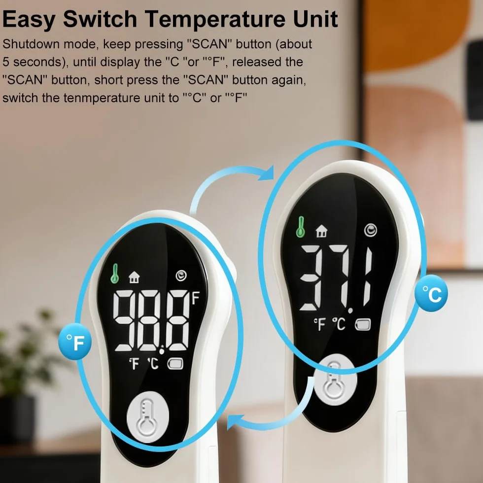 Thermomètre Frontal Sans Contact Infrarouge Numérique pour Adultes et Bébé, Écran LCD, Alerte Fièvre, Blanc