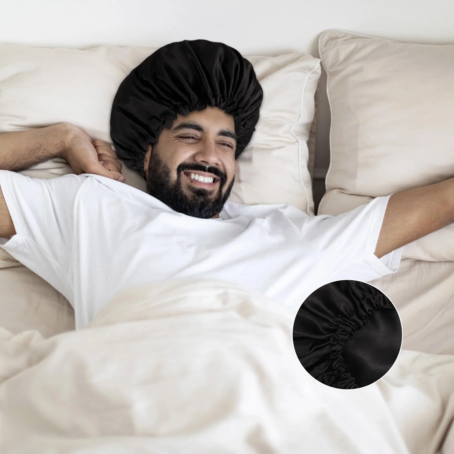 Bonnet en Satin pour Cheveux Nuit Homme Femme Respirant Ajustable Élastique Antidérapant, Bleu + Argent/Noir + Gris