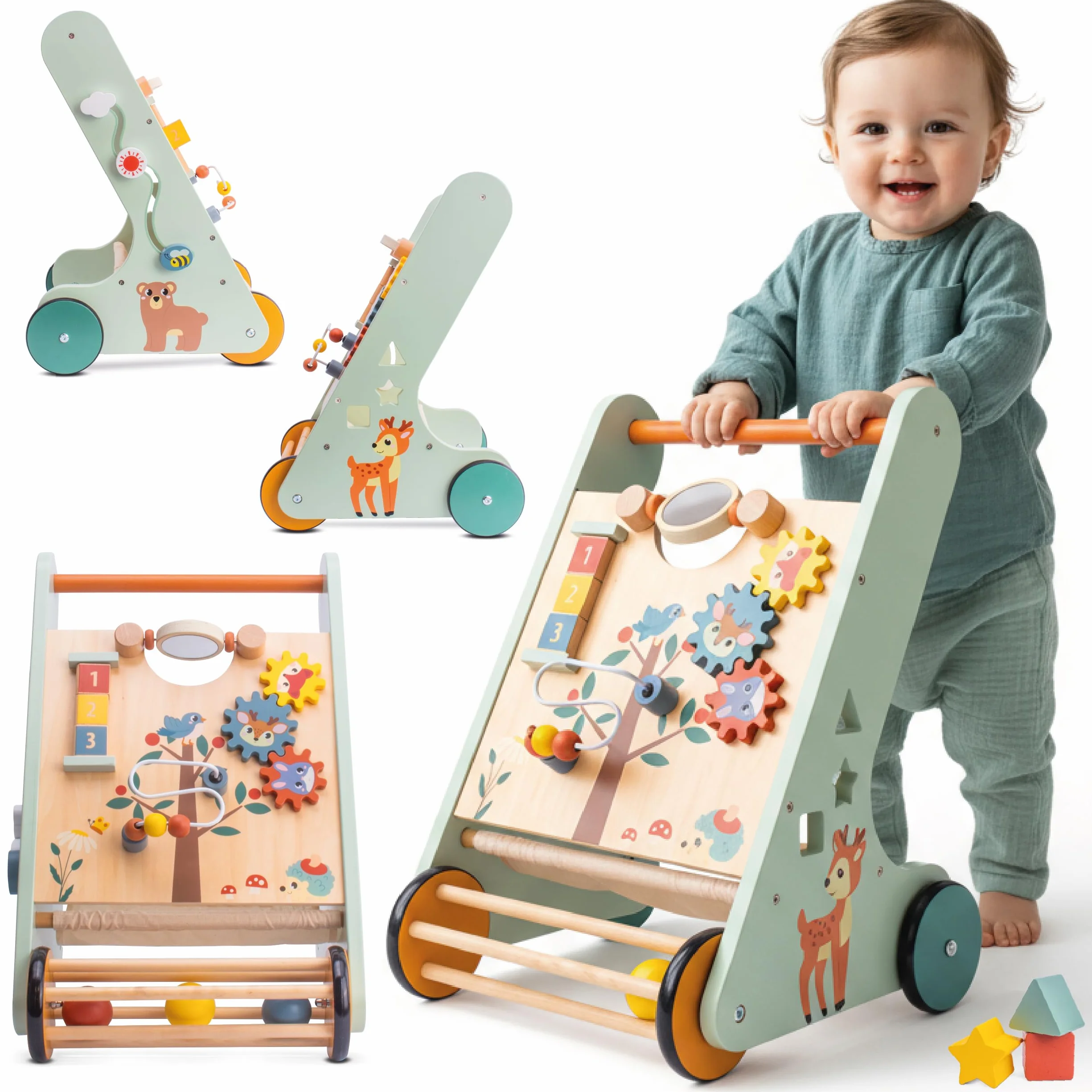 Trotteur bébé XXL en bois avec tableau d'activité, chariot de marche pour garçon et fille (Bleu)
