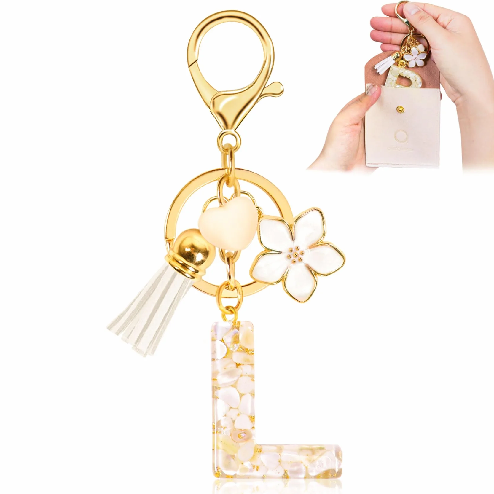 Porte-clés Lettre Initiale en Résine avec Pendentif Amour et Pampille pour Femme