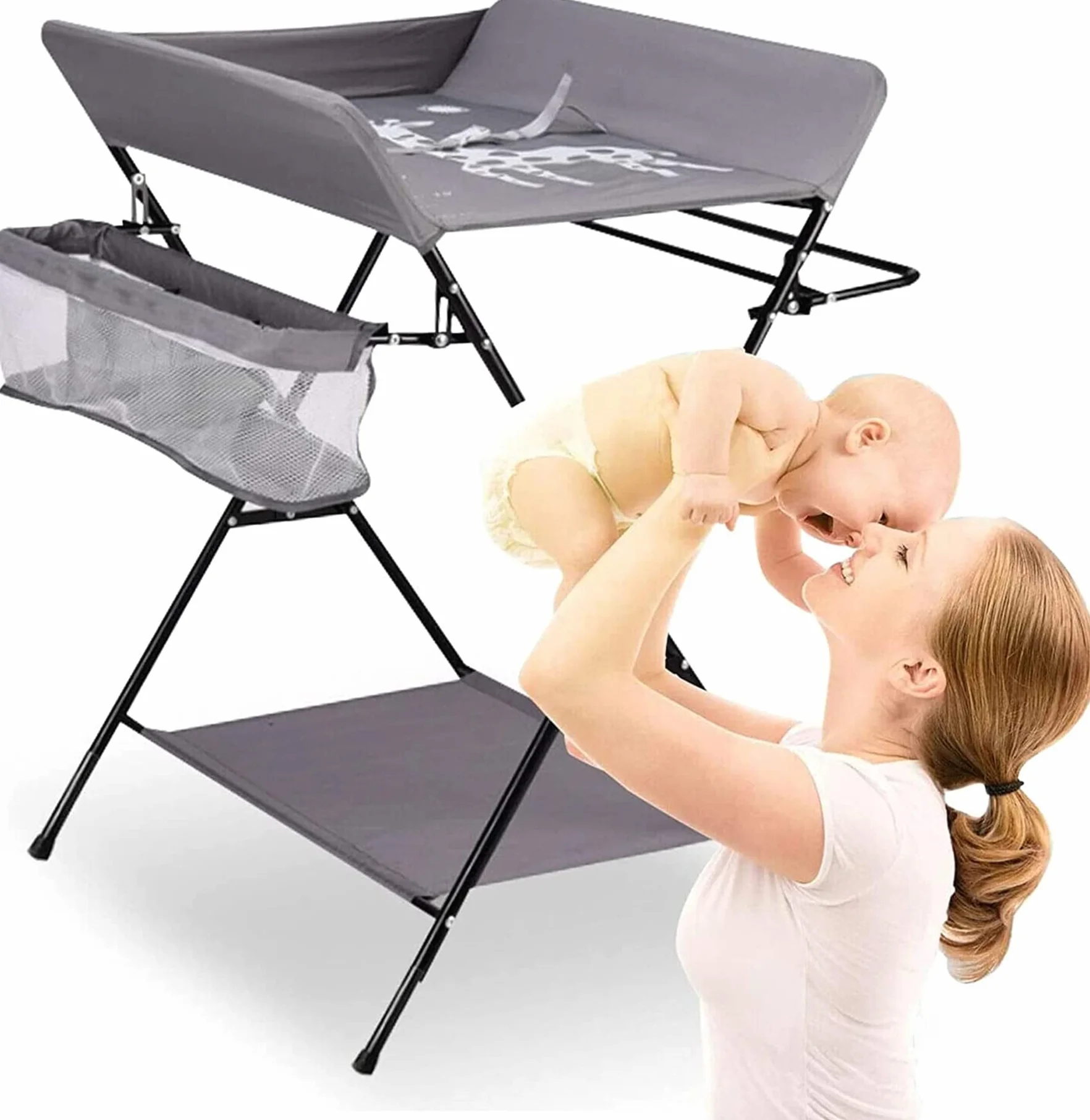 Table à Langer Pliante RELOVE avec Panier de Rangement 25kg 80x66x98 cm Gris