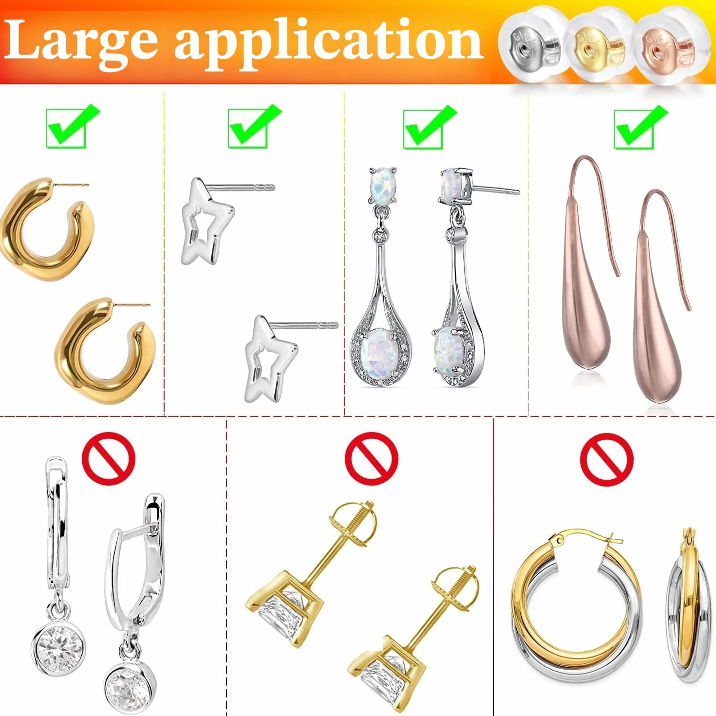 Boucles d'oreilles sécurisées en or 18 carats avec coussinets en silicone