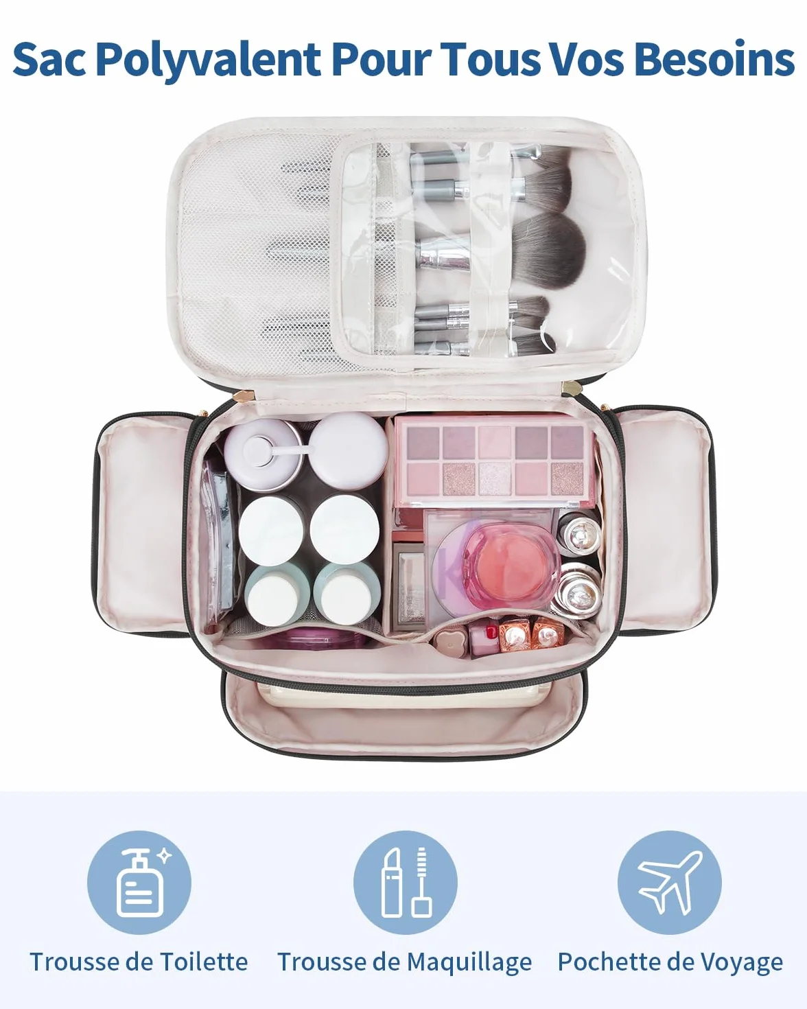 WANDF Trousse de Toilette Voyage Grand Sac à Maquillage Ouverture Étendue Poignée Sac Cosmétique Gonflé