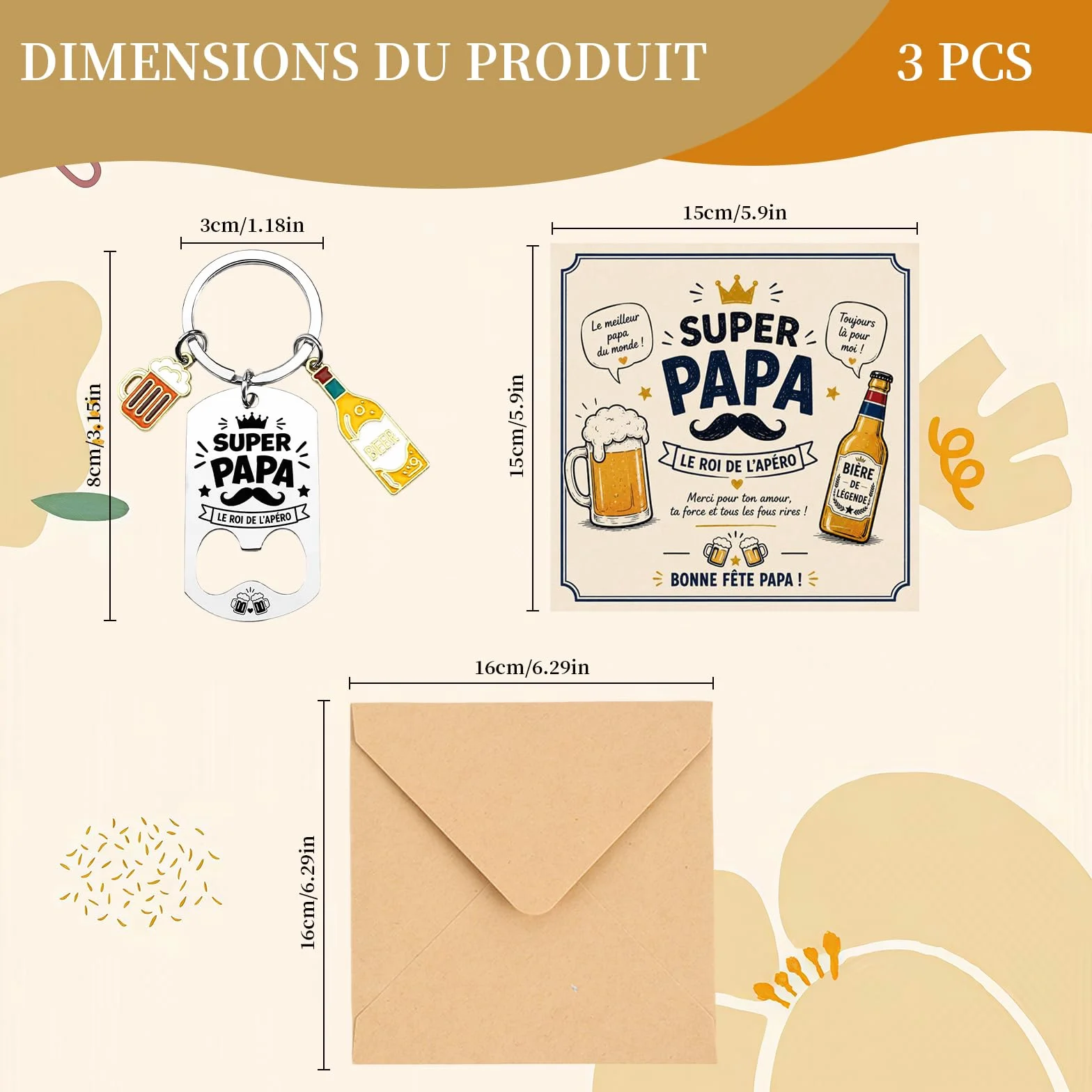 Cadeau Fête Des Pères Porte-Clés Décapsuleur Super Papa - Idée Cadeau Anniversaire Papa Set Avec Carte De Vœux Et Enveloppe Kraft