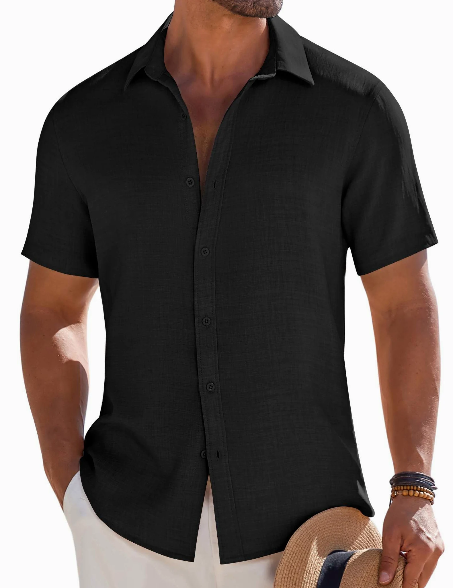 COOFANDY Chemise boutonnée à manches courtes pour homme - Chemise de plage décontractée pour vacances d'été, noir, Taille S
