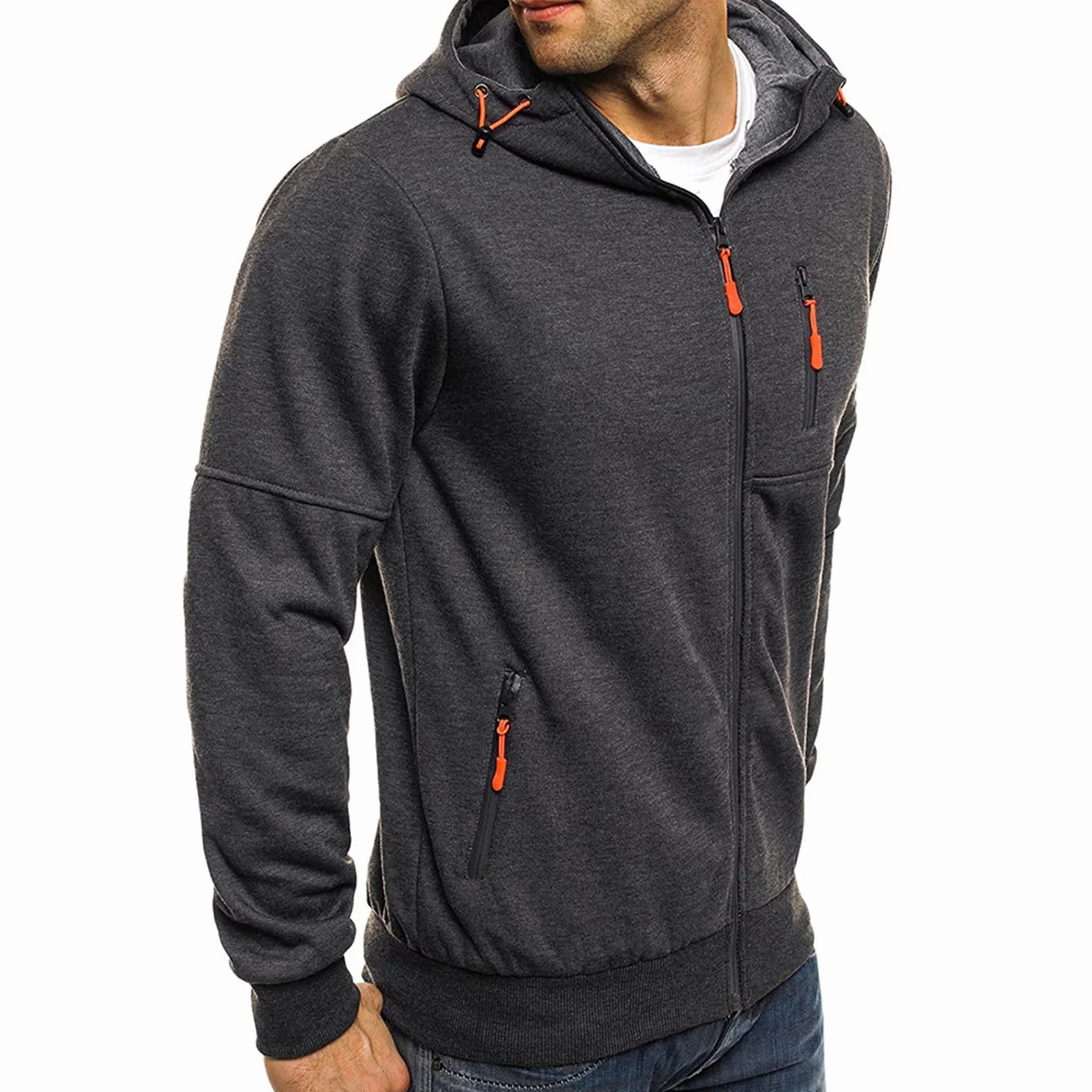Sweats à Capuche Hommes Zippé Chaud Veste Sport Léger Respirant Hoodie Pull Manches Longues Couleur Unie Sportswear Poche Grande Taille