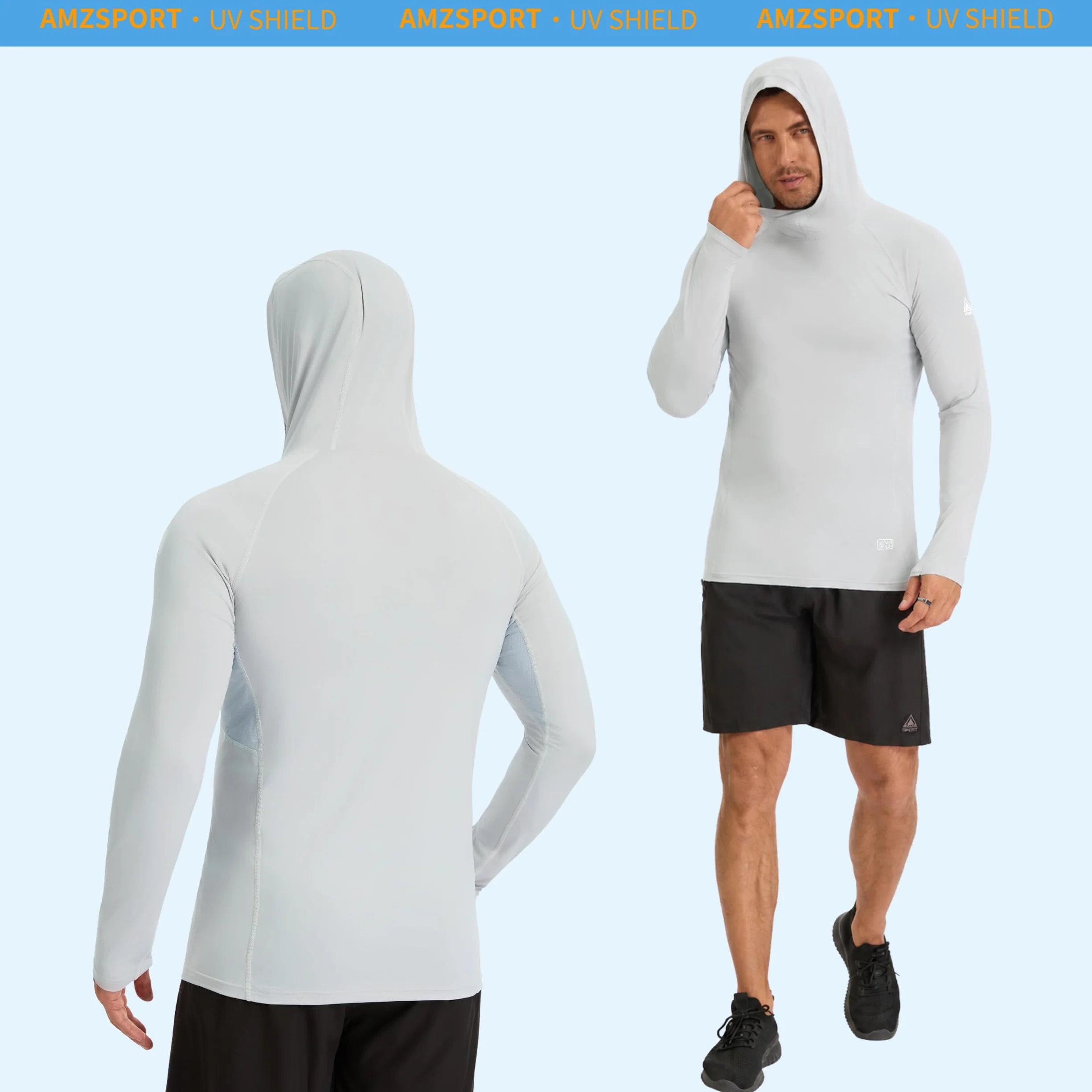 AMZSPORT Sweat à Capuche Homme UPF 50+ Protection Solaire Anti-UV Rashguard Manches Longues Pêche Plein Air