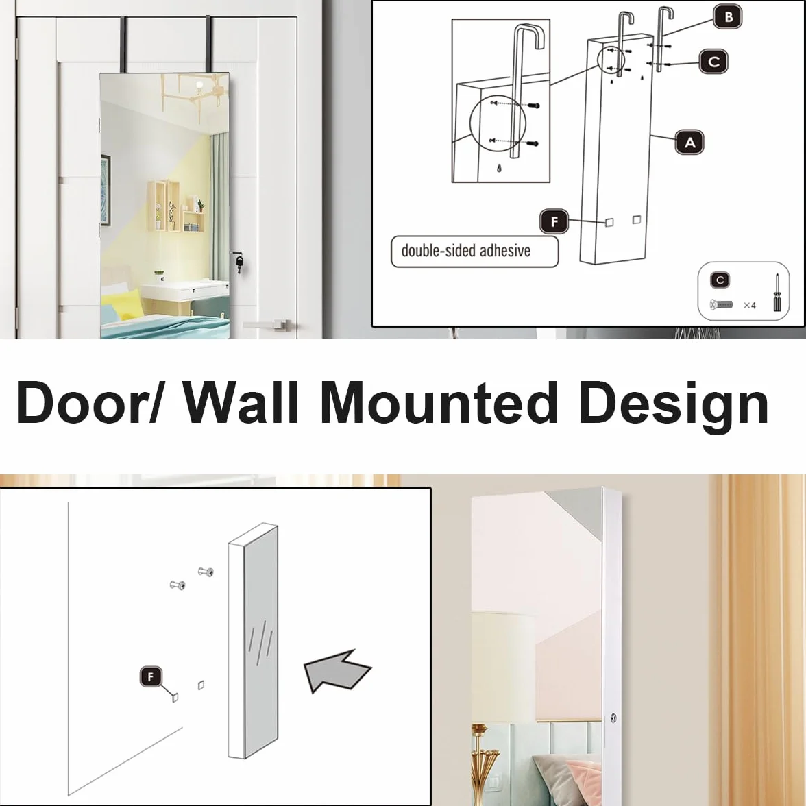 HOMASIS Miroir Boîte à bijoux mural avec fermeture et lumières LED, 2 tiroirs, 35,5 x 10 x 120 cm, blanc