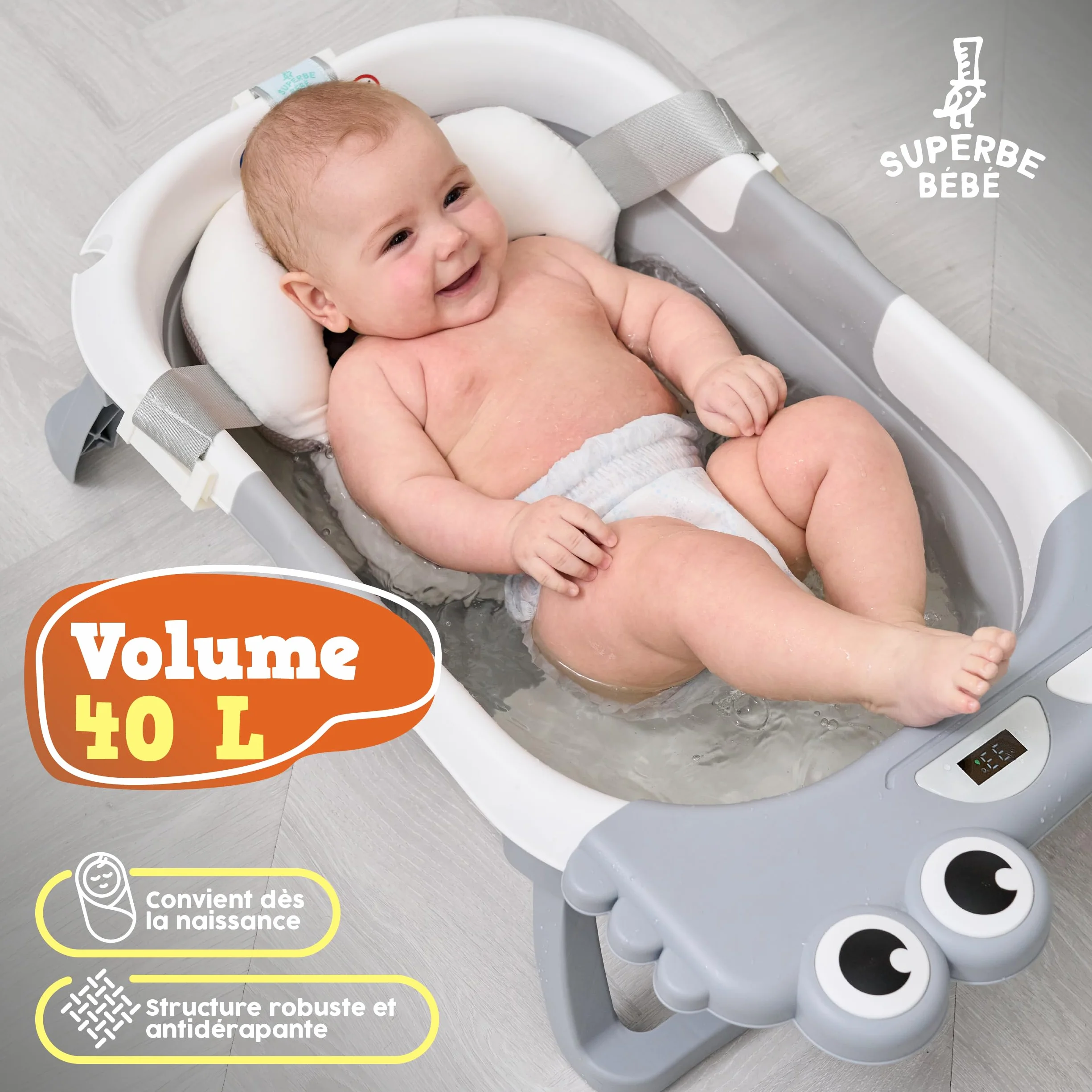 Baignoire Bébé Pliable XXL Avec Coussin De Bain Et Thermomètre Intégré - Baignoire Enfant Sur Pied