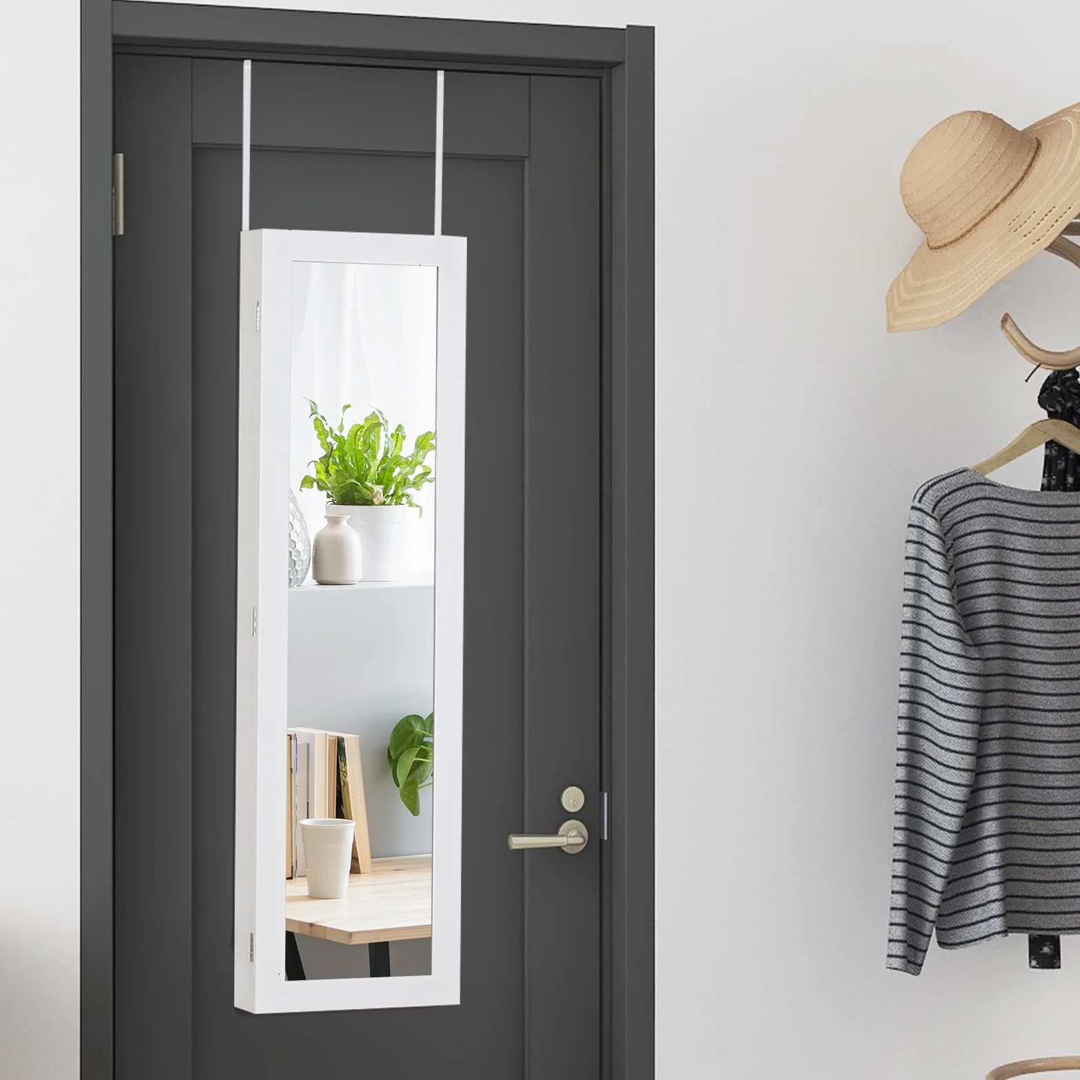 RELAX4LIFE Armoire à Bijoux Murale avec Miroir Pleine Longueur, 31,5x8,7x110 cm, Blanc