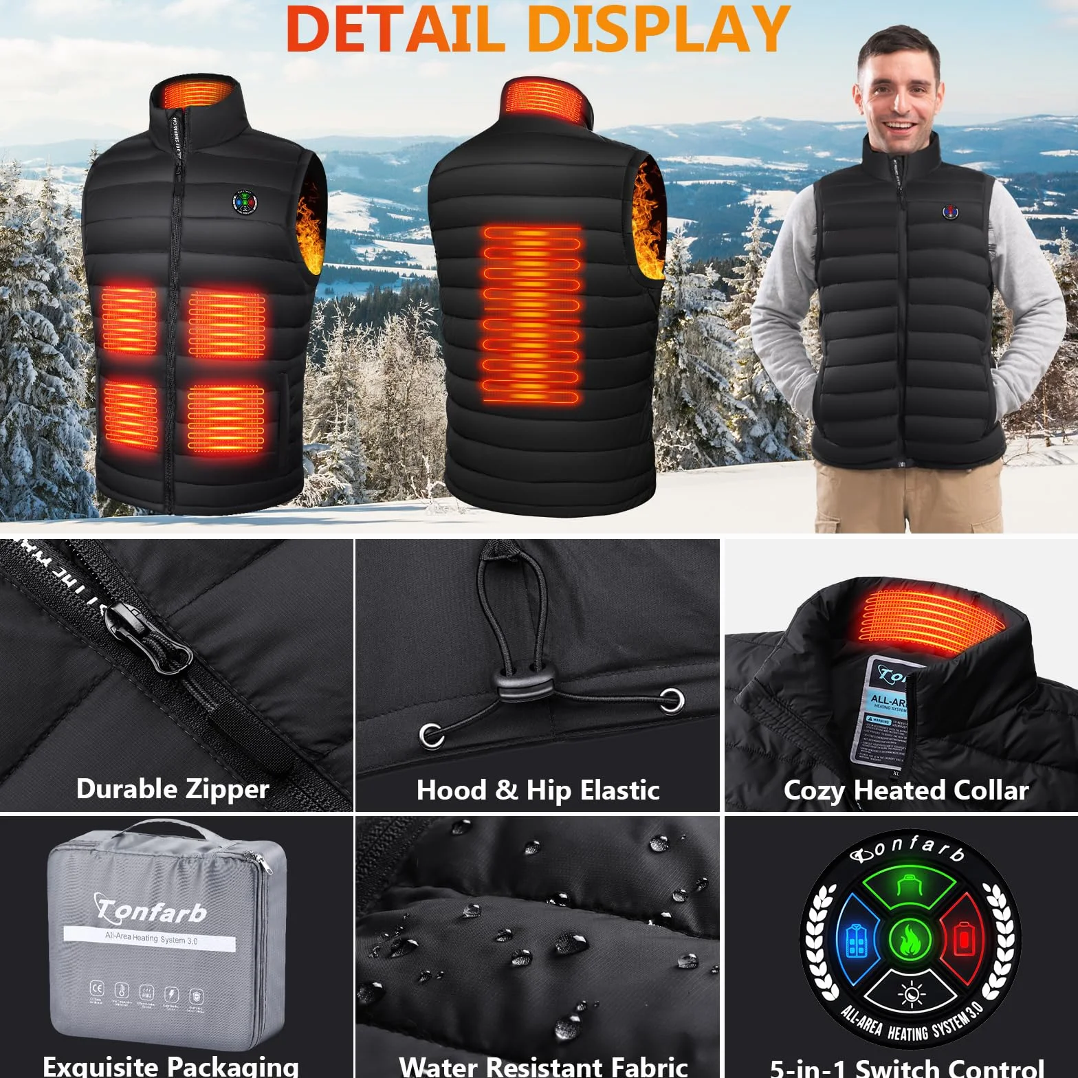 Tonfarb Gilet Chauffant Homme Veste Chauffante Batterie Rechargeable 7.4V 16000mAh USB 6 Zones Chauffage 3 Niveaux Température Moto Plein Air Randonnée
