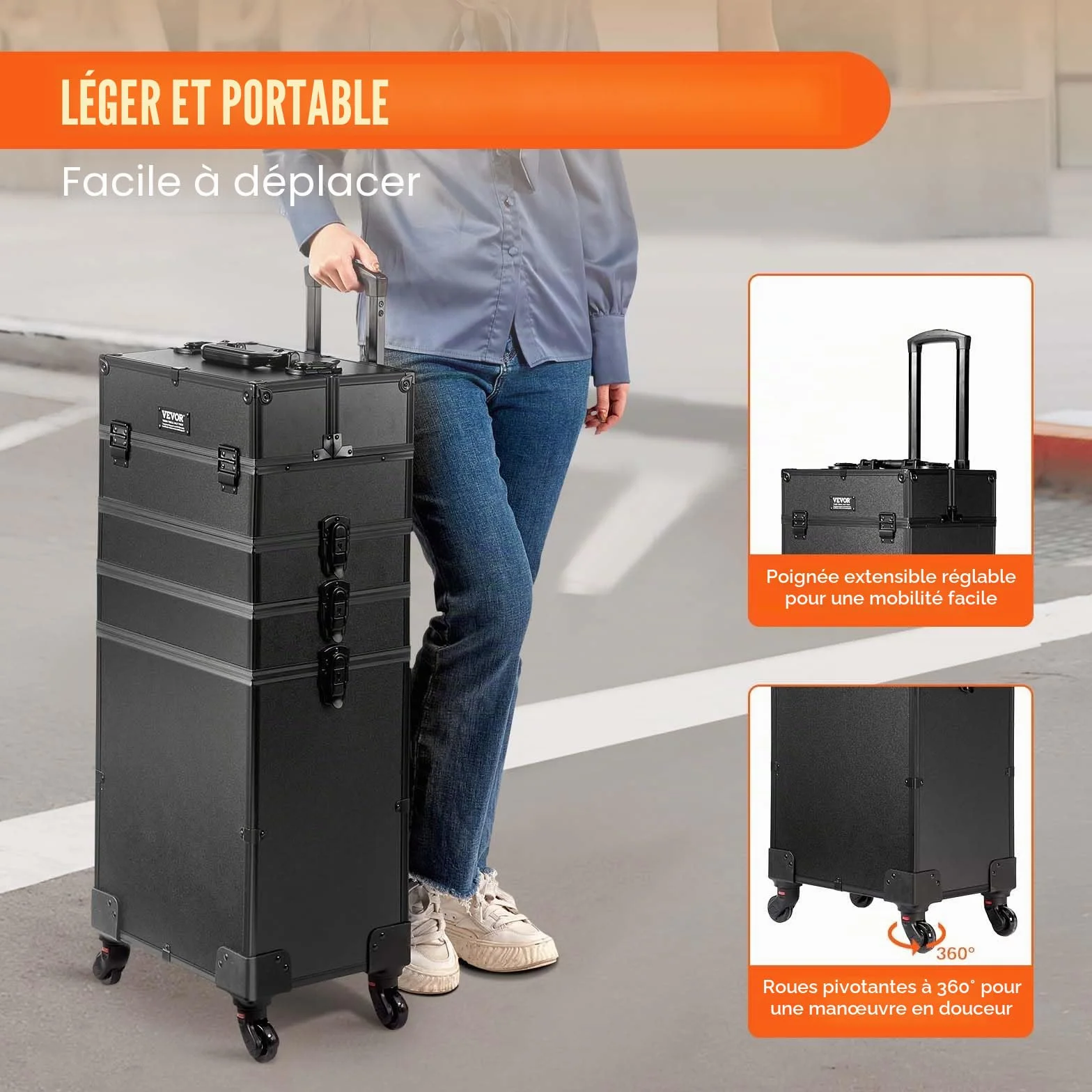 VEVOR Mallette de Maquillage à Roulettes 5en1 Valise de Rangement Aluminium Trousse Maquillage Professionnelle Voyage Roues Pivotantes 360° Noir