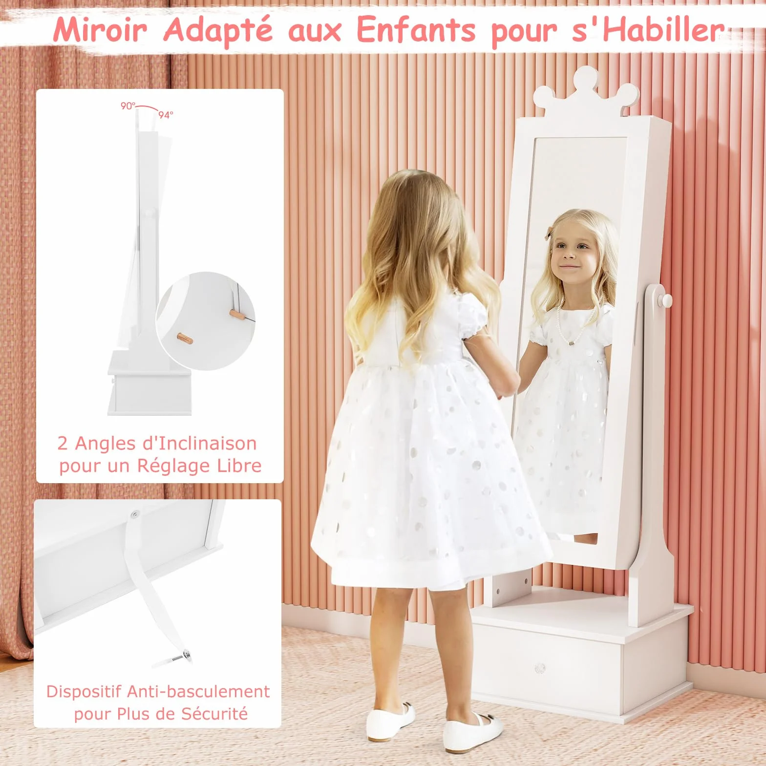 COSTWAY 2 en 1 Armoire à Bijoux Enfants avec Miroir, Organisateur Couronne 3 Tiroirs, Charge 10kg, Blanc