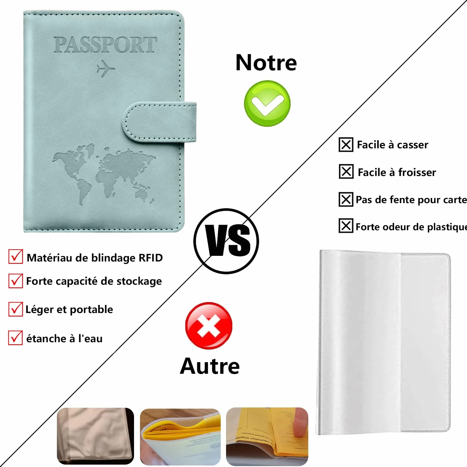 Toctax Protege Passeport Francais et Etiquette Valise avec Bloqueur RFID, Passport Cover pour Hommes et Femmes (Bleu)