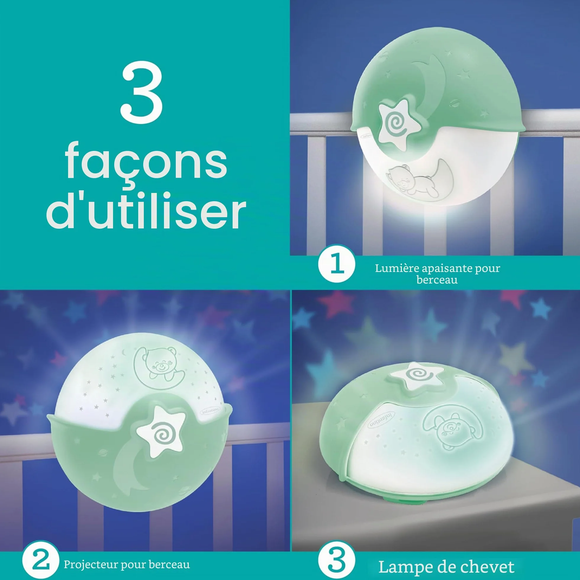 Infantino Lumière Apaisante et Projecteur Veilleuse à Clipser Grow-With-Me Projecteur de Nuit Étoilée Lampe de Table avec Mélodies Capteurs Sonores Sauge
