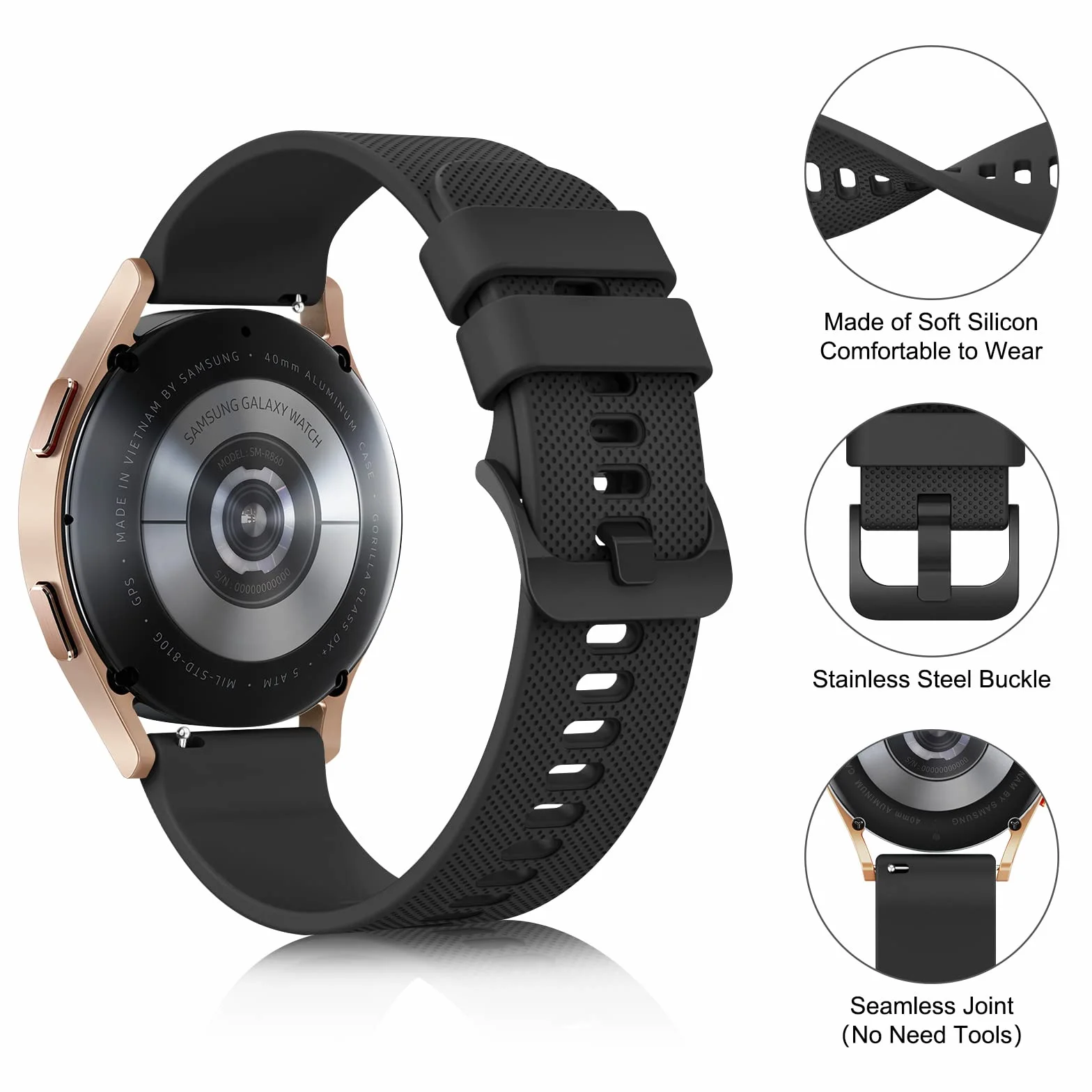 Bracelet de Montre en Silicone 22mm Wanme, Souple Remplacement Dégagement Rapide Boucle Même Couleur Noir