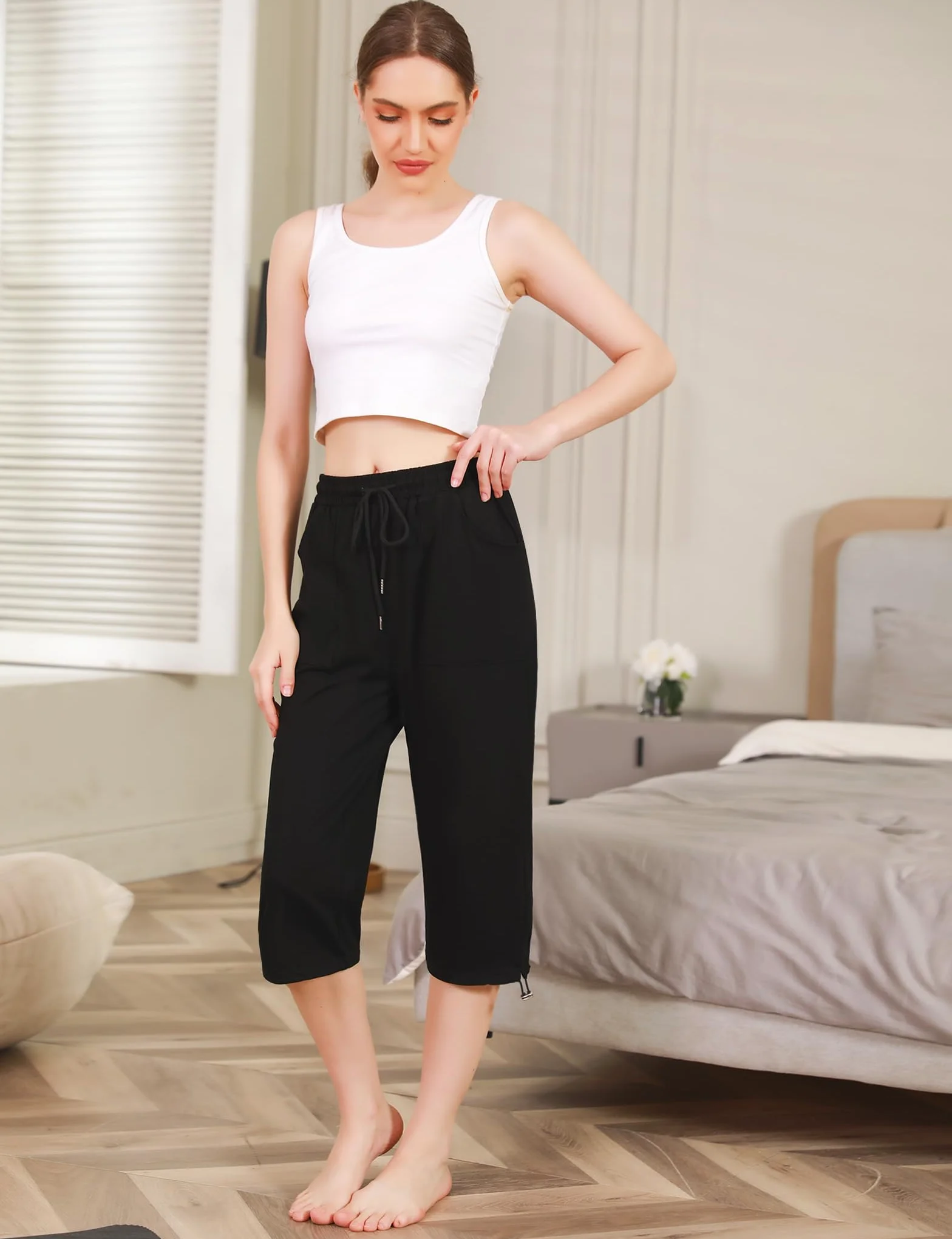 Pantalon de Sport Femme 3/4 Taille Haute Pantacourt Été Coton Doux Jogging pour Yoga Randonnée