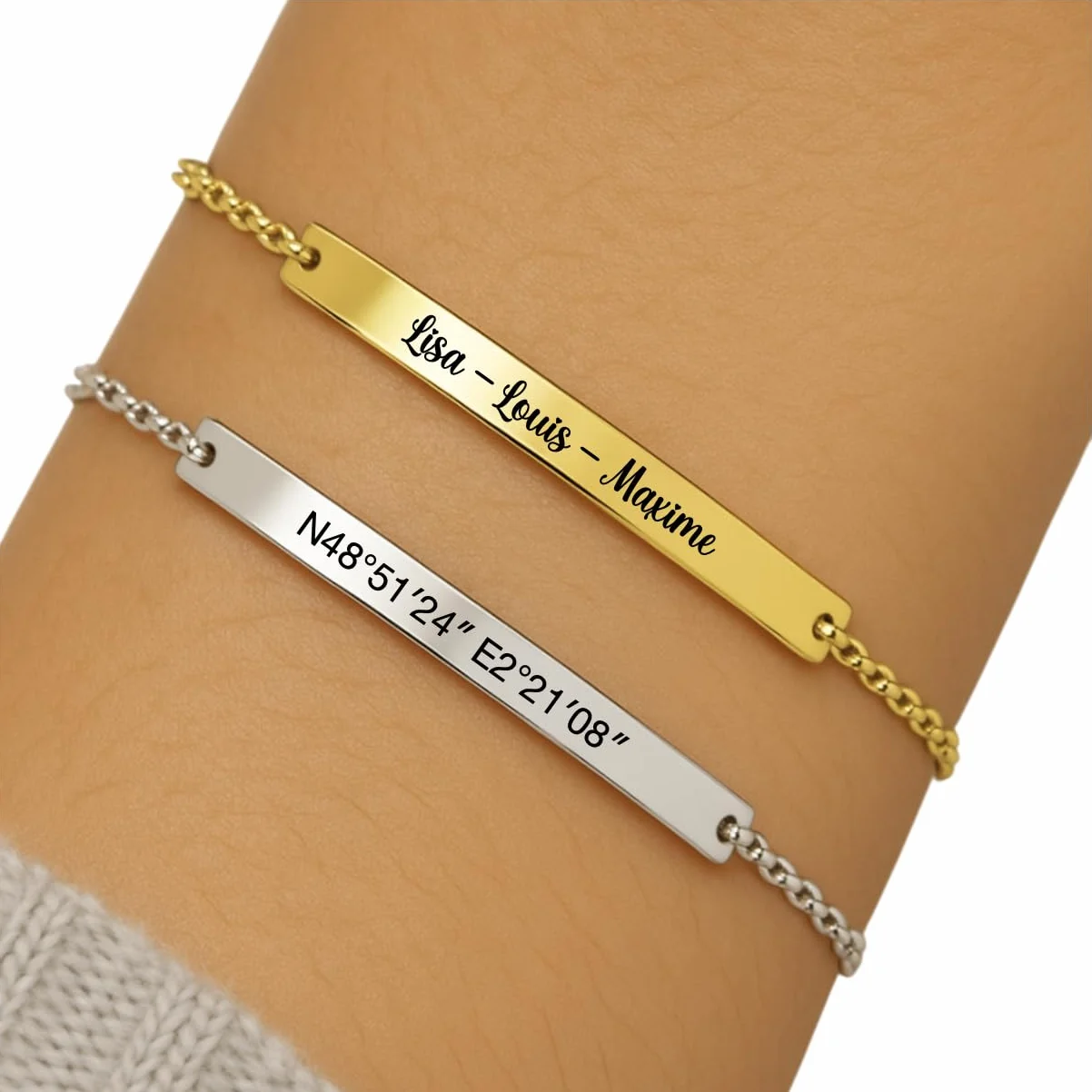Bracelet personnalisable en acier inoxydable femme – Gourmette fine gravée recto verso – Acier, or jaune ou or rose – Chaîne 15+5 cm