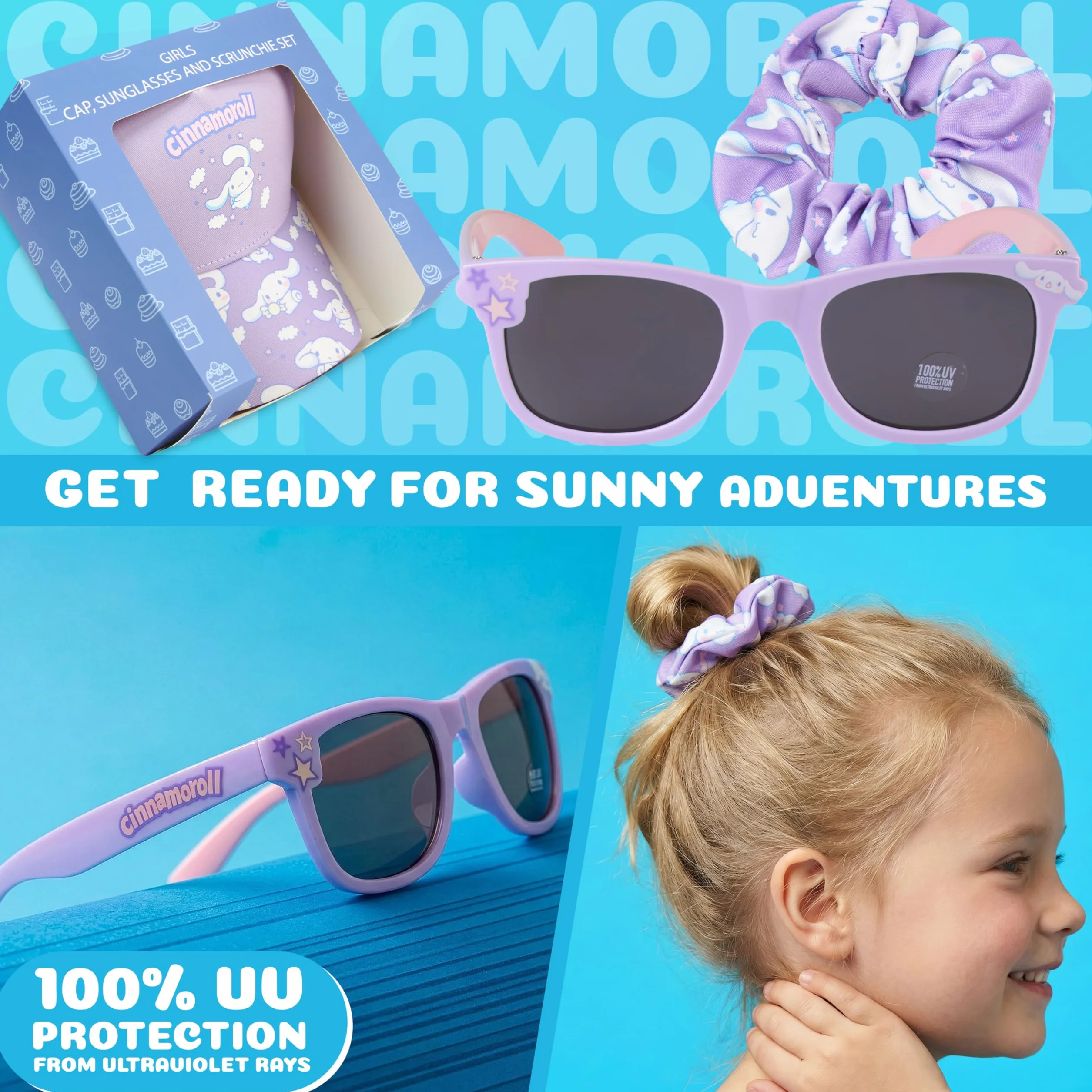Hello Kitty Barbie Squishmallows Casquette Fille Lunettes de Soleil Chouchou Set Protection UV