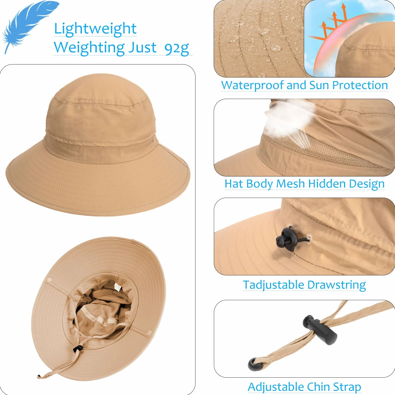 Bob Homme Imperméable Anti UV Chapeau Safari Soleil avec Maille Respirante Léger Pliable pour Randonnée Pêche Été