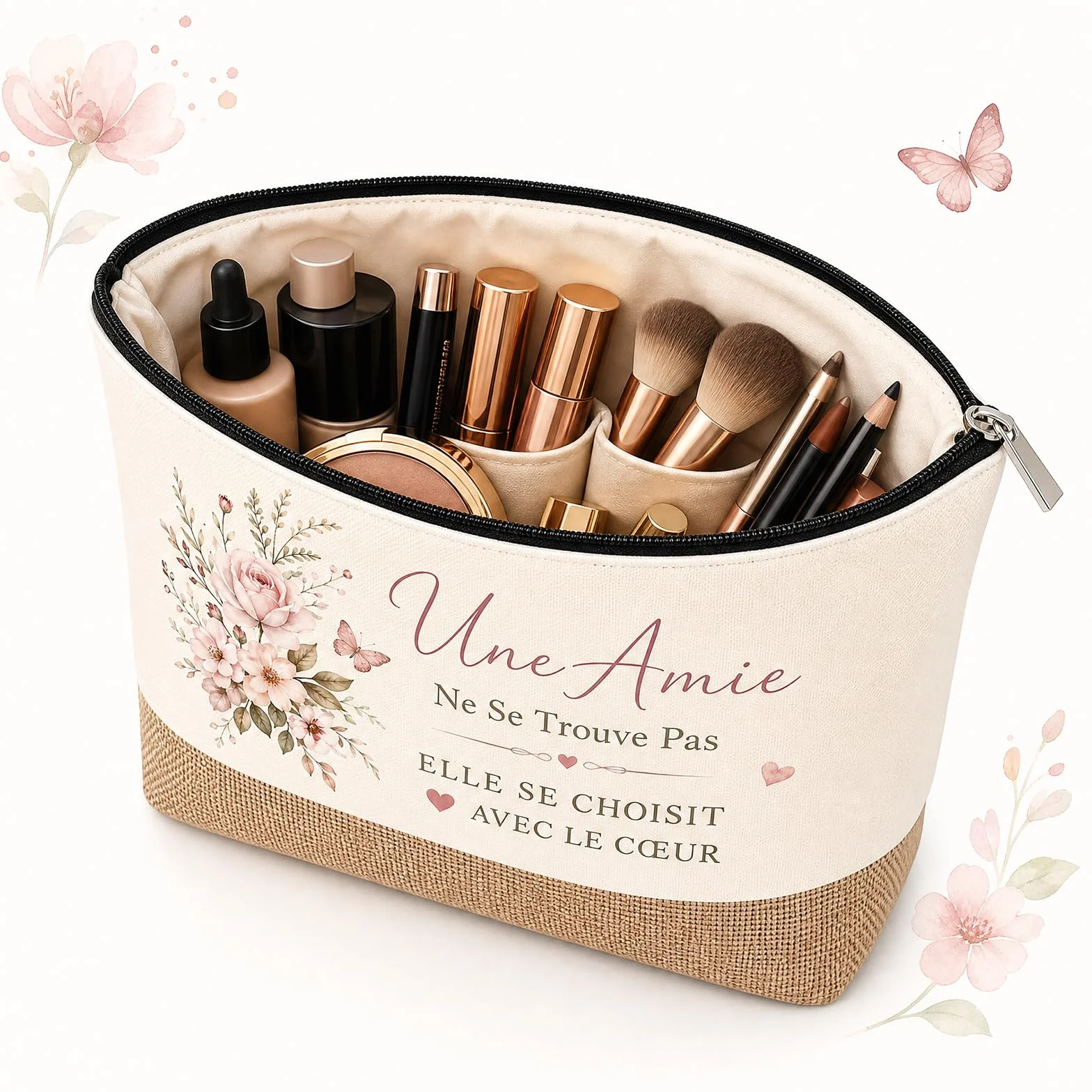 Trousse de Maquillage et Porte Clés 2 Pièces Cadeau Amie Femme Pochette Voyage avec Message Amitié