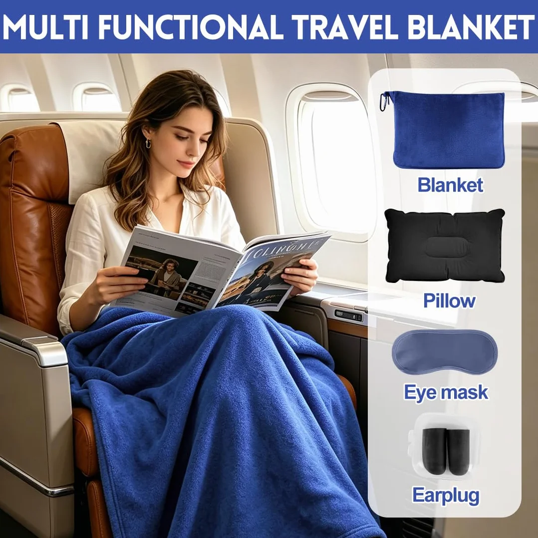 Couverture de voyage 3 en 1 ultra légère et chaude pour avion et voiture avec coussin gonflable et accessoires