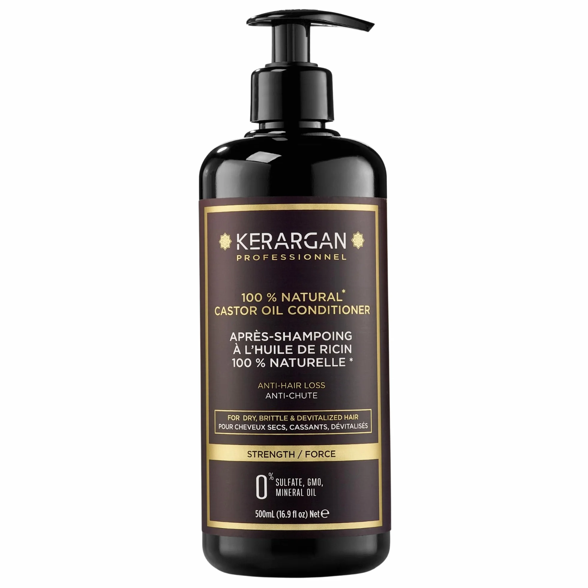 Kerargan Après-Shampoing Anti-Chute Huile de Ricin Démêlant Nourrissant Cheveux Secs Cassants Kératine Huile d'Argan Sans Sulfate 500ml